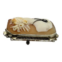 1800's Victorian Cameo with Diamond 14 Karat White Gold Pendant Brooch