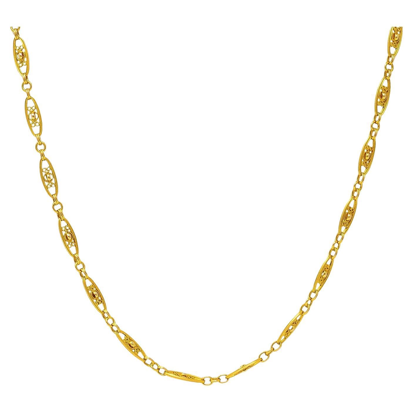 1800's, Victorian French 18 Karat Yellow Gold Long Filigree Necklace For Sale