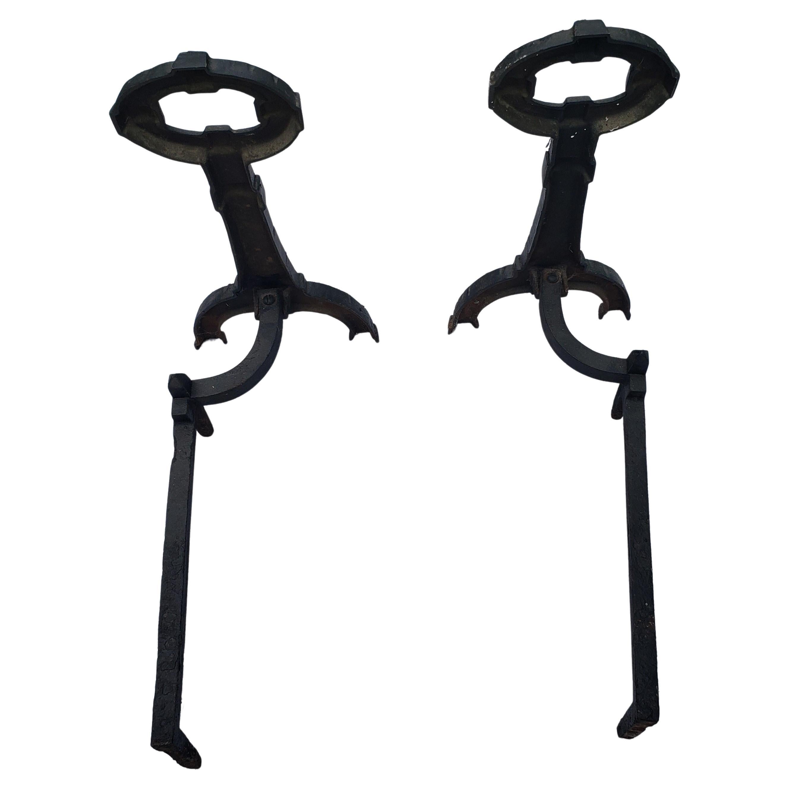 18th Century 1800s Wayne Co. Hand Hammered Cast Iron Andirons, A Pair