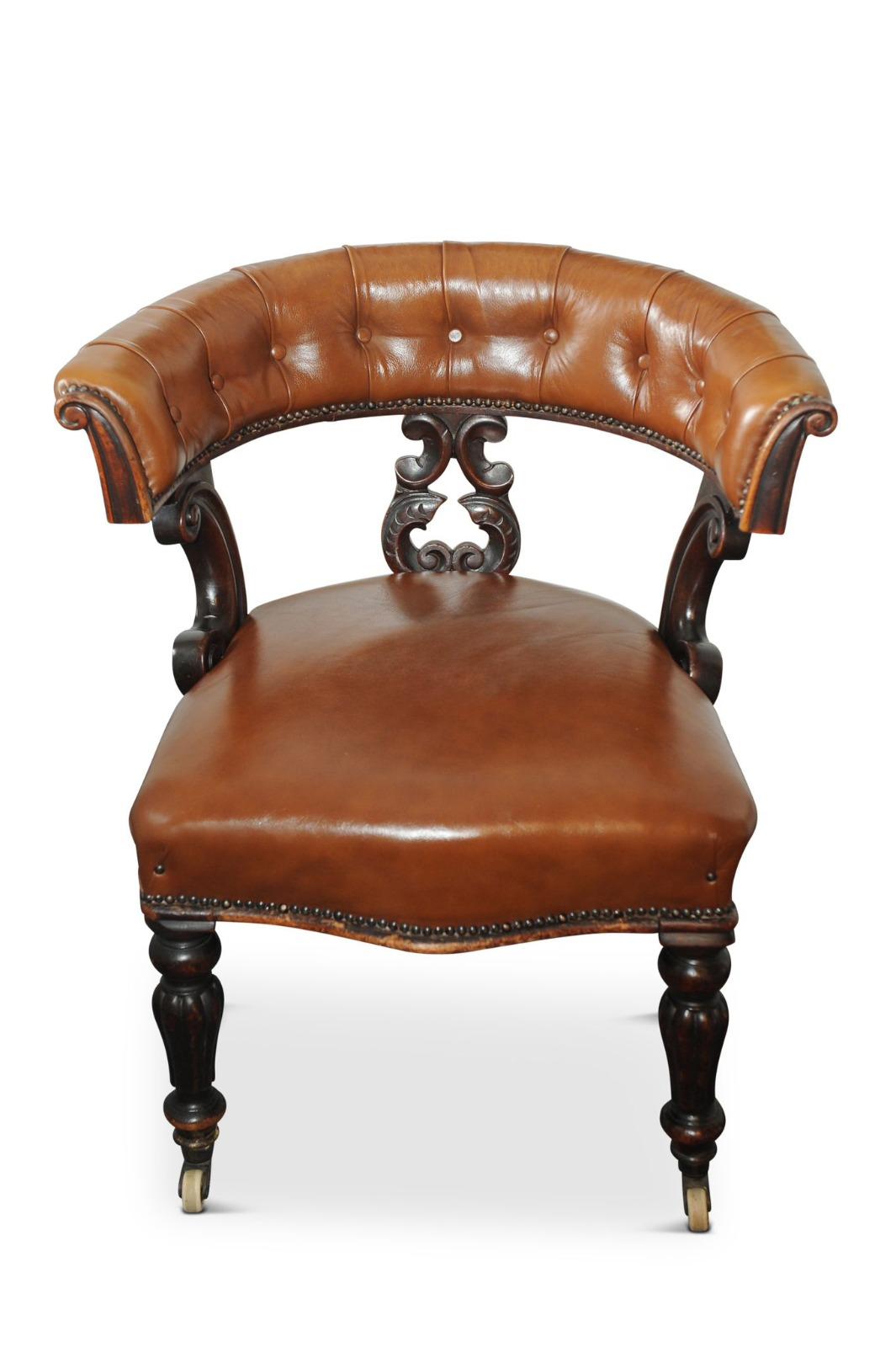English Regency William IV Polished Tan Leather Captains Library Chair with Castors For Sale