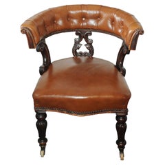 1800s William iv Polished Tan Leather Captains Library Chair with Castors