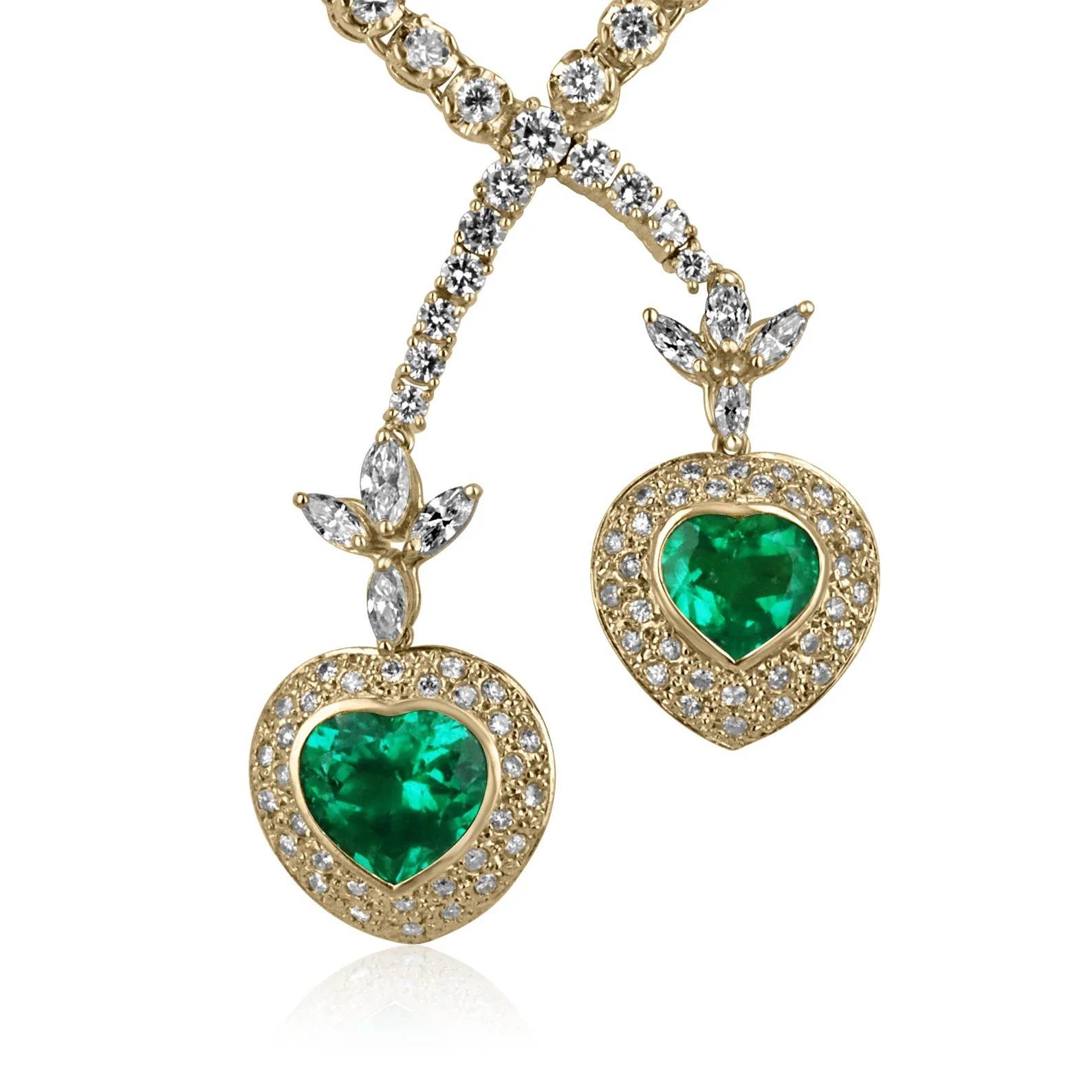 Displayed is an incandescent, Muzo green Colombian emerald heart and diamond lariat/tennis necklace. Investment grade, earth-mined emeralds weigh a total of 5.50 carats and are bezel set in diamond pave, handmade setting. One hundred eighty-three