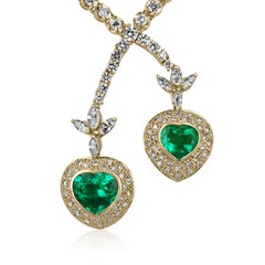 18.00tcw AAA+ Colombian Emerald Heart & Diamond Tennis Lariat Necklace 18K