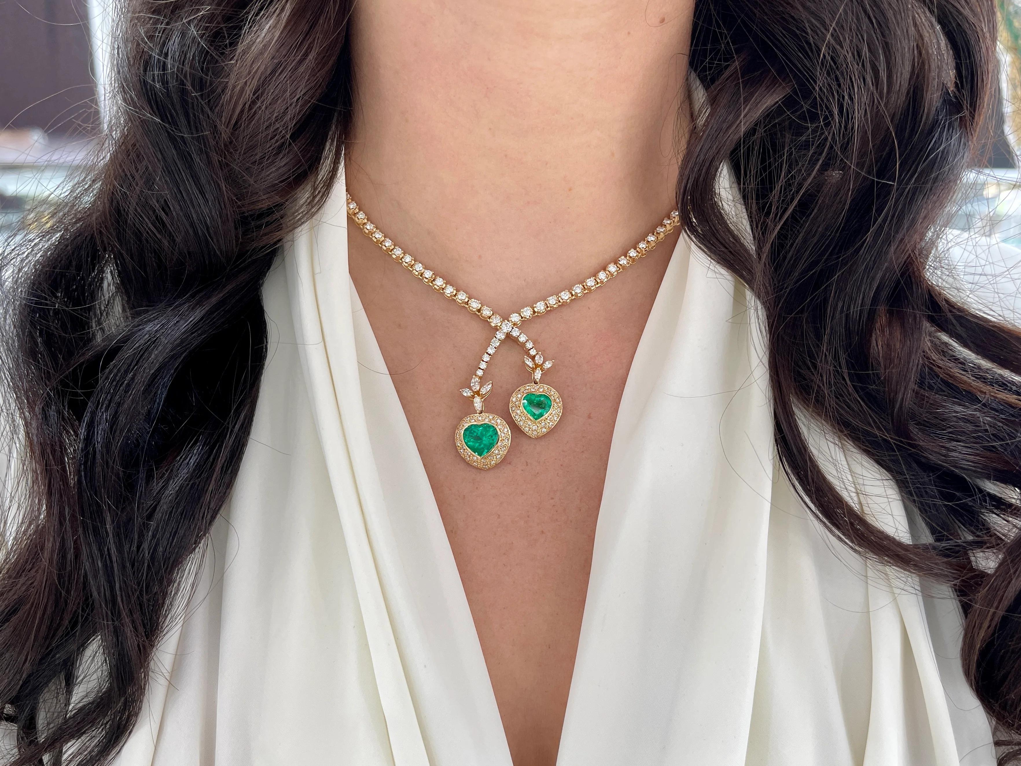 Art Deco 18.00tcw AAA+ Colombian Emerald Heart & Diamond Tennis Lariat Necklace 18K For Sale