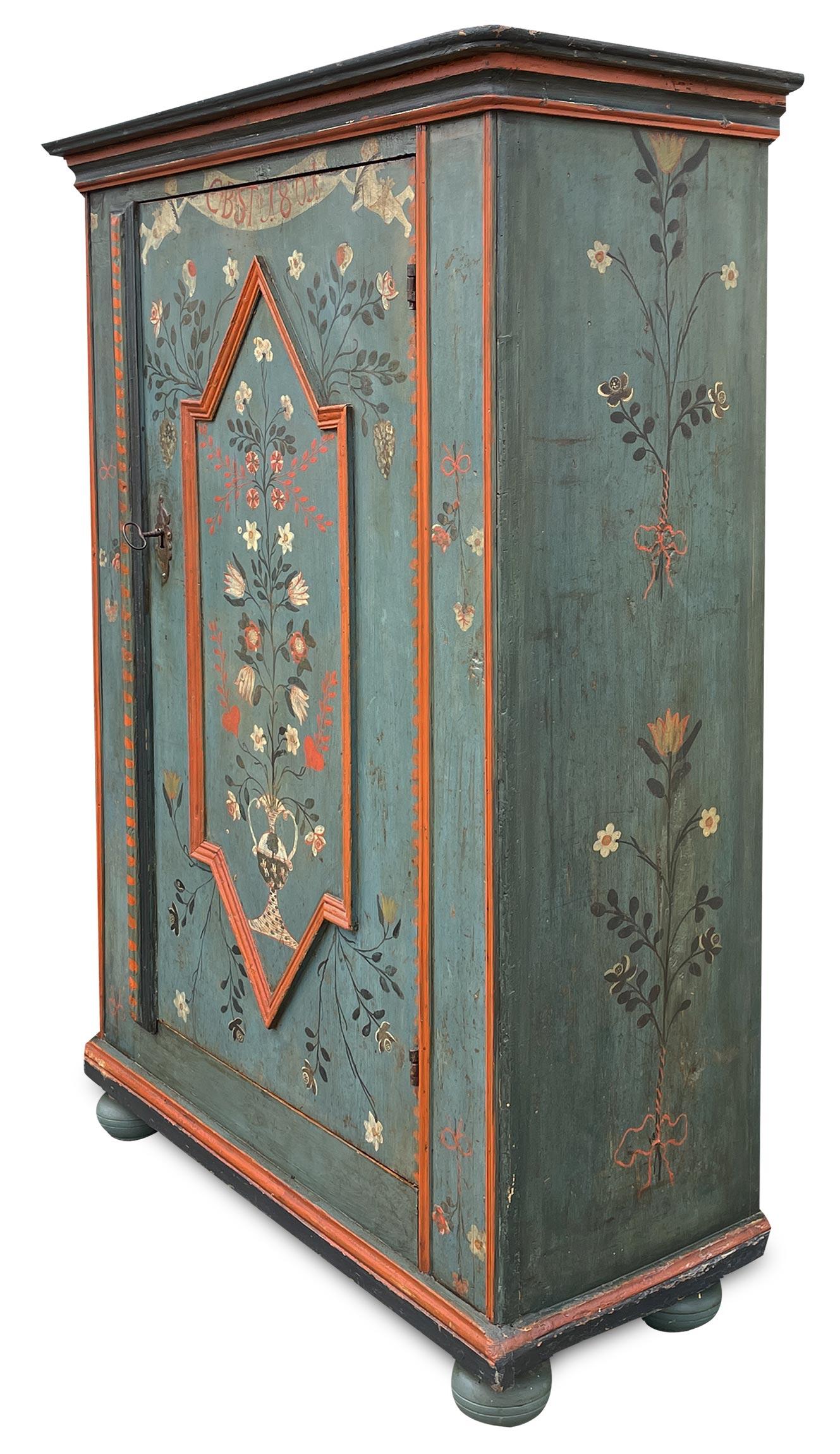 Neoclassical 1801 Blue Floral Painted Cabinet