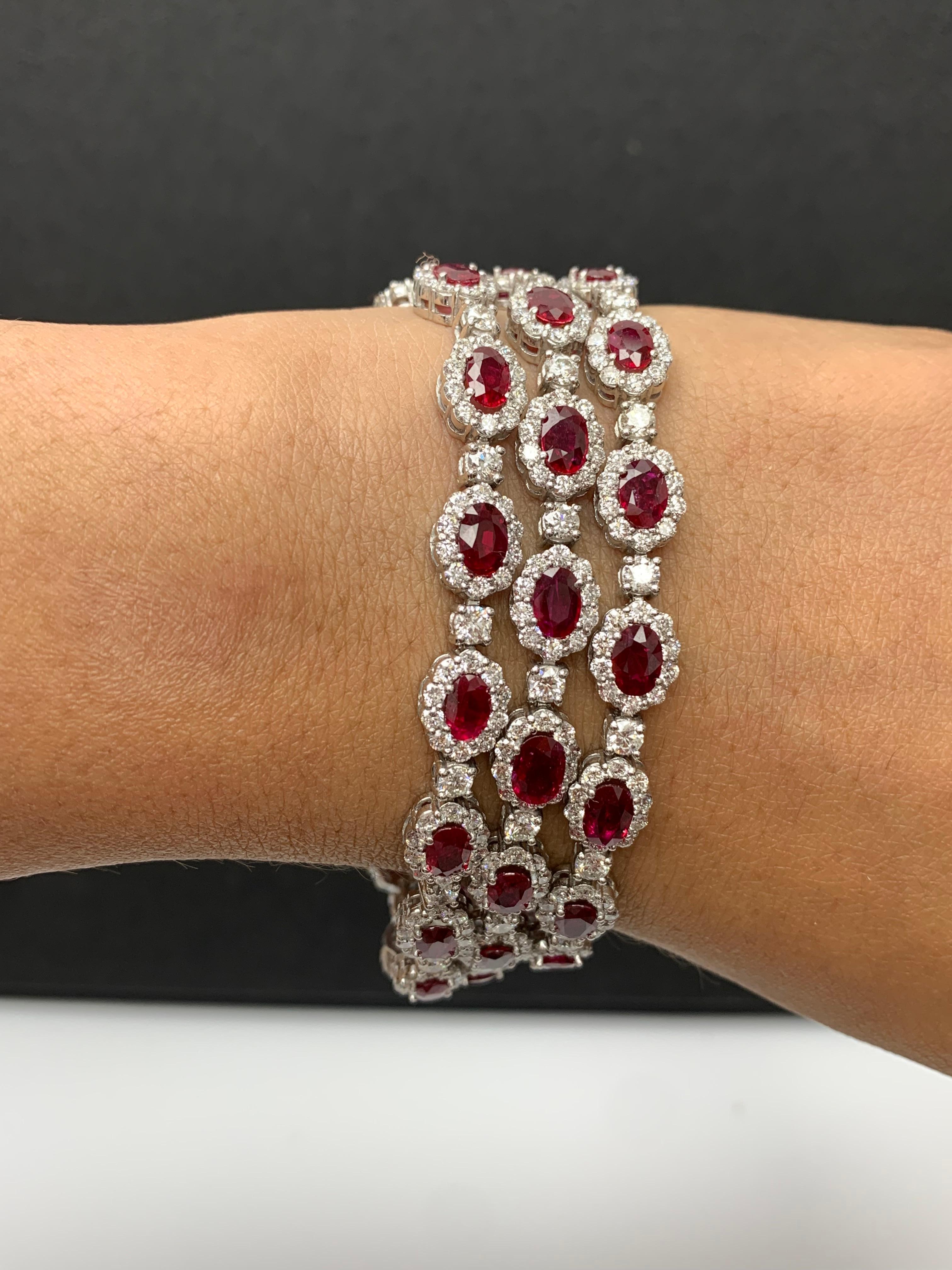 Modern 18.01 Carat Oval Cut Ruby and Diamond 3 Row Bracelet in 14K White Gold For Sale