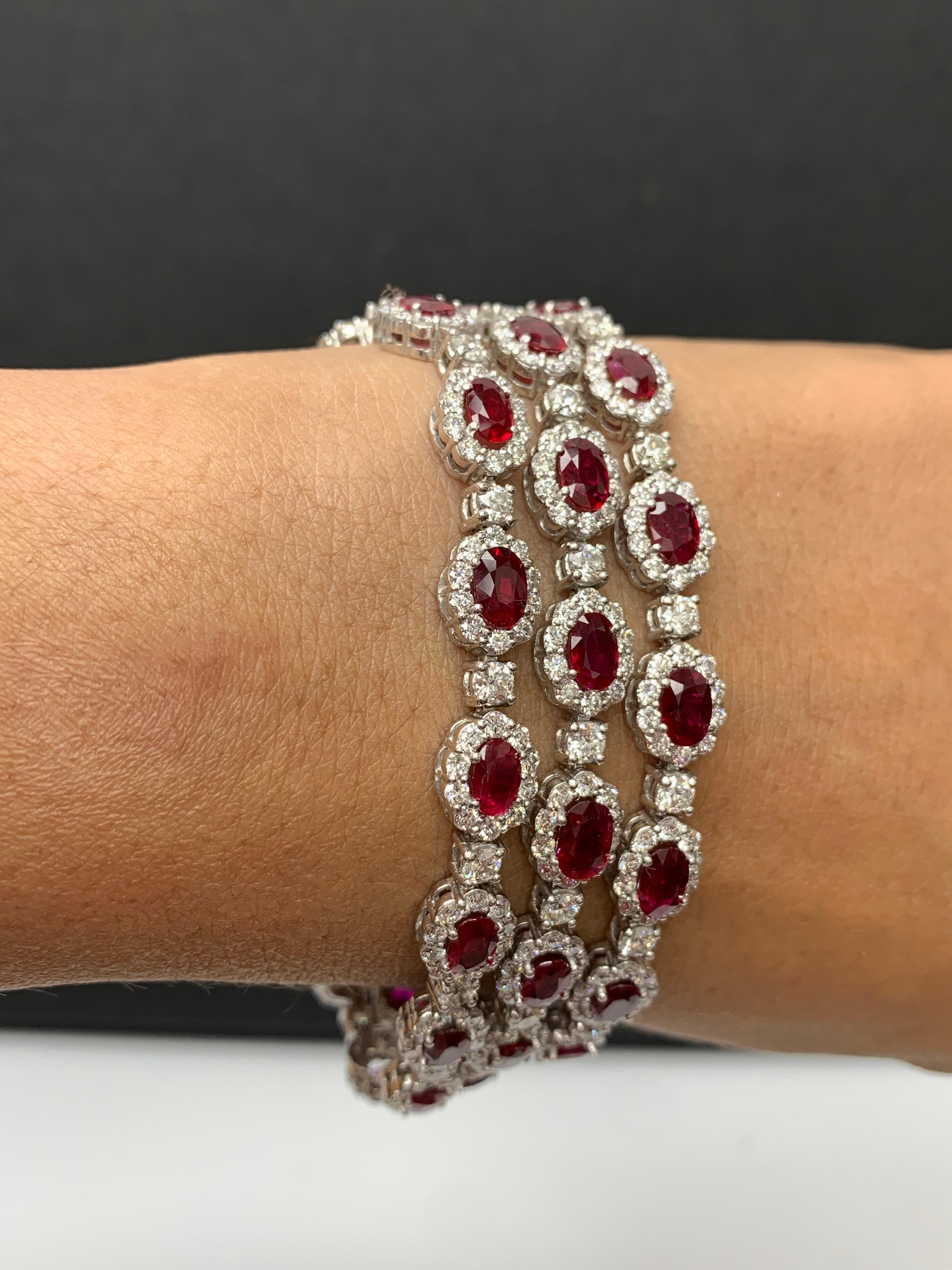 Women's 18.01 Carat Oval Cut Ruby and Diamond 3 Row Bracelet in 14K White Gold For Sale