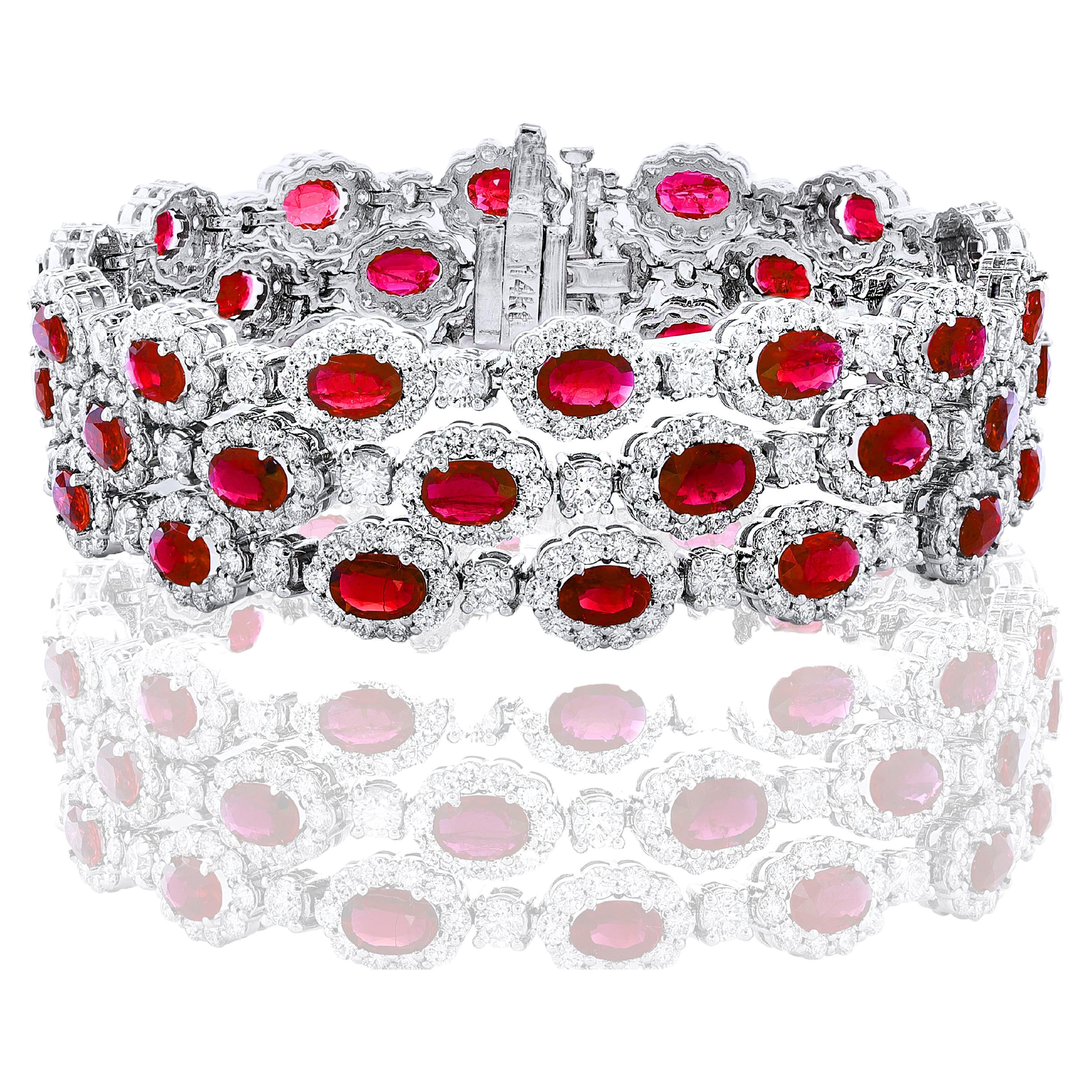 18.01 Carat Oval Cut Ruby and Diamond 3 Row Bracelet in 14K White Gold For Sale