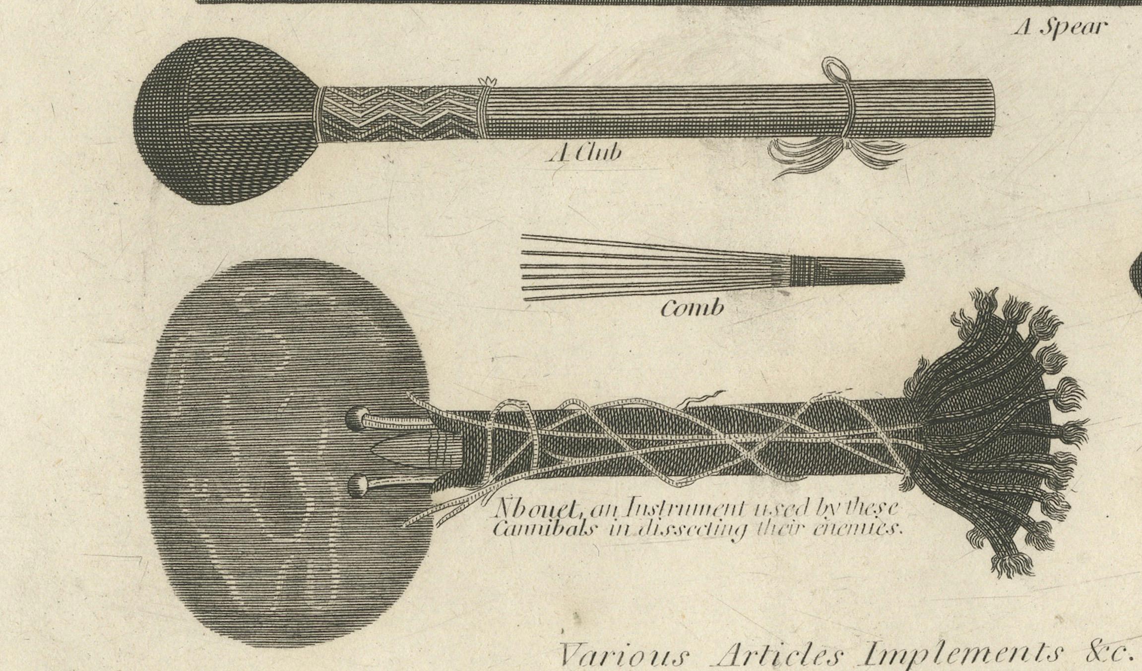 Gravur von neuen Caledonian Implements und Attire aus dem Jahr 1801 (Graviert) im Angebot
