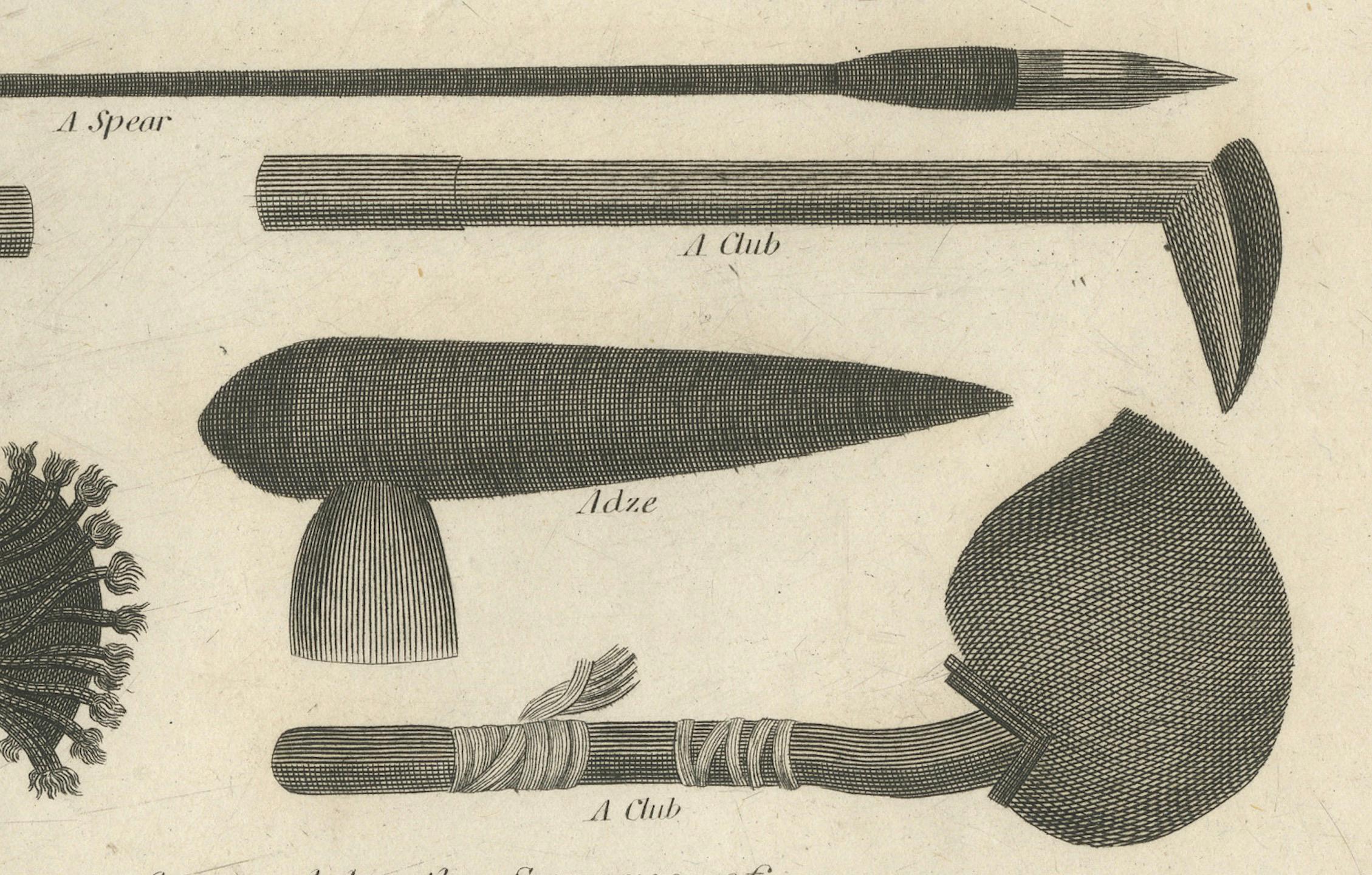 Gravur von neuen Caledonian Implements und Attire aus dem Jahr 1801 im Zustand „Gut“ im Angebot in Langweer, NL