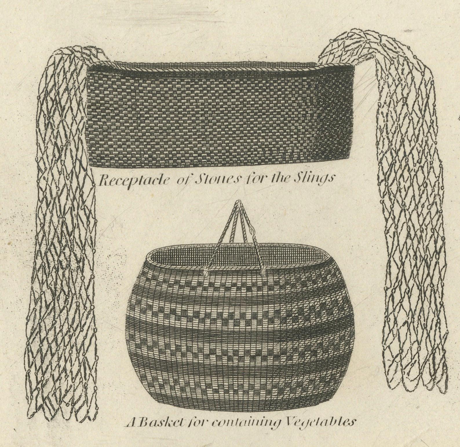 Gravur von neuen Caledonian Implements und Attire aus dem Jahr 1801 (Papier) im Angebot