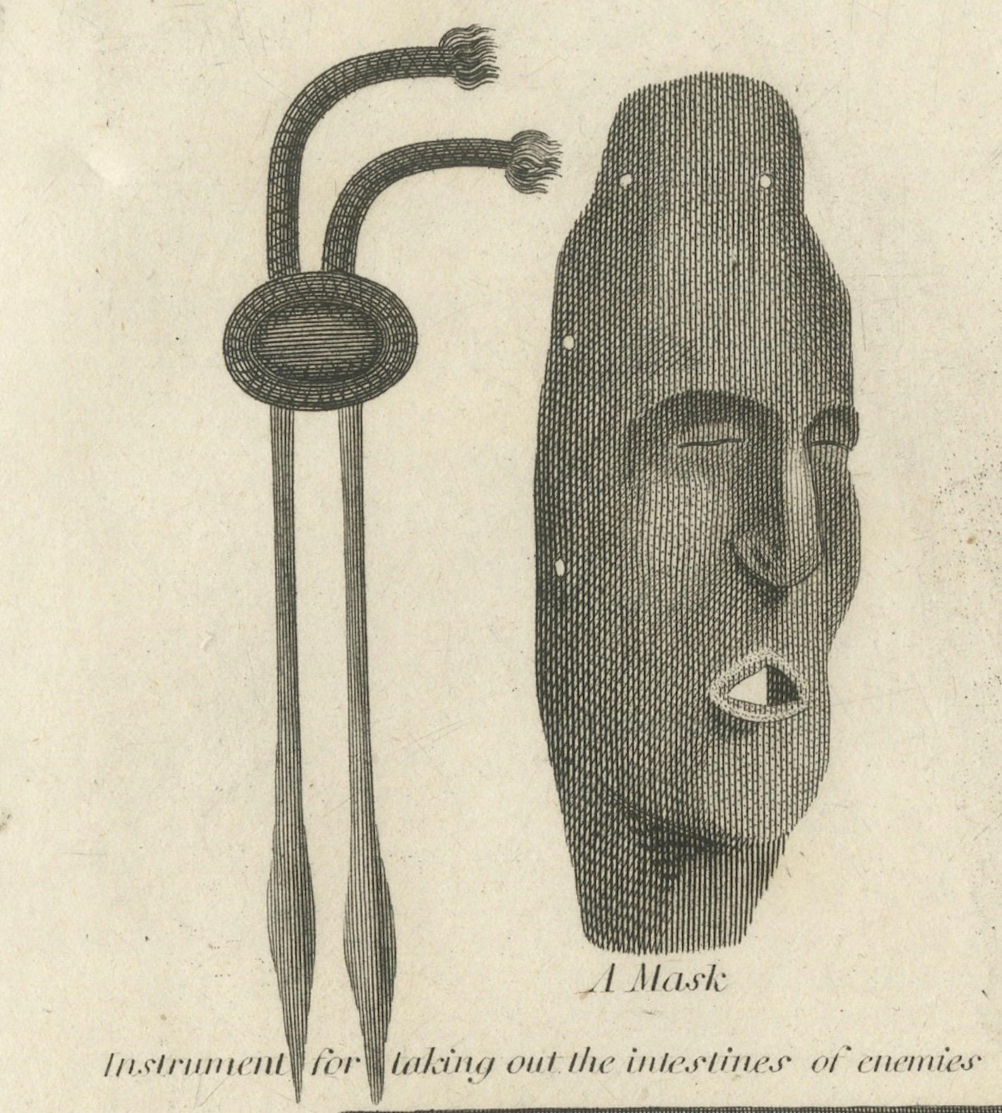 Gravur von neuen Caledonian Implements und Attire aus dem Jahr 1801 im Angebot 1