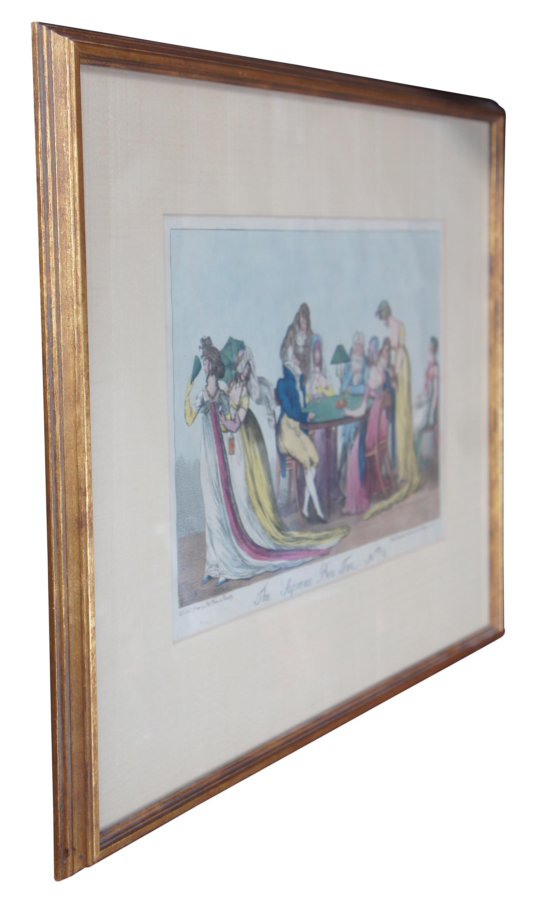 Antique Martinet / SW Fores French Supreme Bon Ton hand colored etching featuring seven persons in fashionable clothes, playing a high stakes game of cards around a game table with a bouillotte lamp. circa 1801.

Series: Series: La Bouillotte