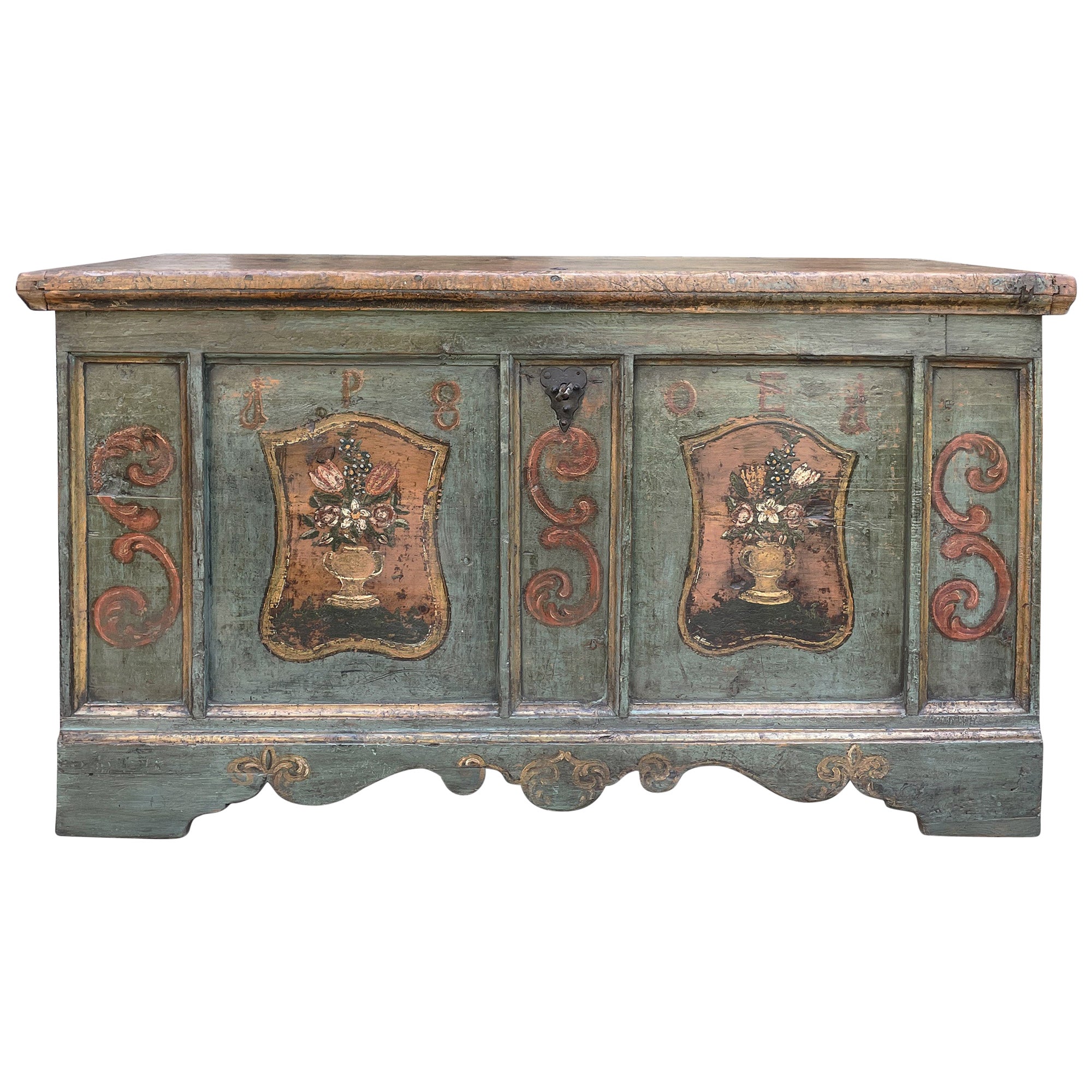 1801 Green Floral Painted Blanket Chest