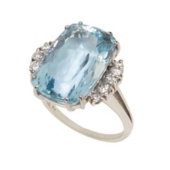 Vintage 18.02 Carat Cushion Aquamarine and Diamond Gold Ring Estate Fine Jewelry