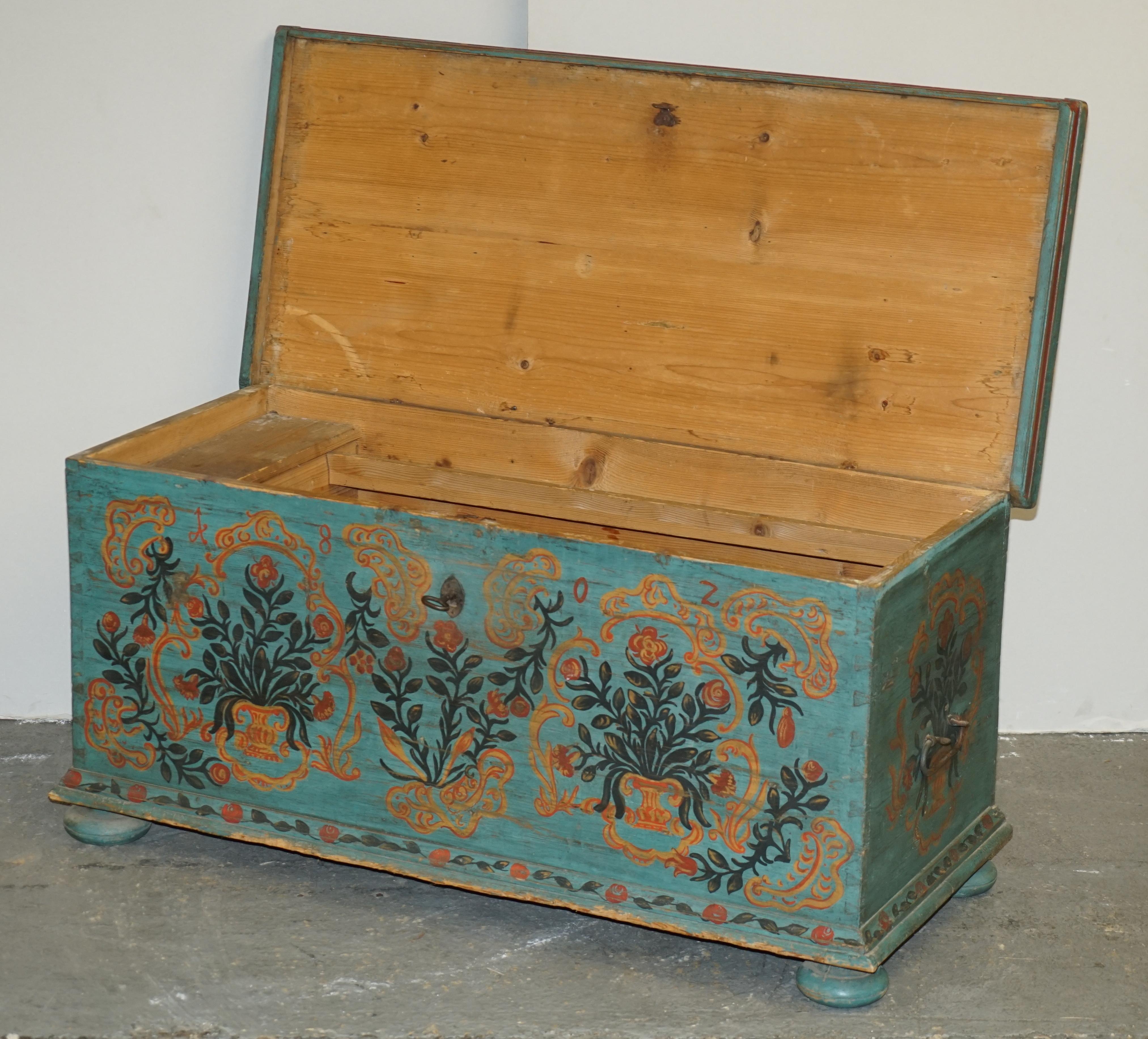 1802 Dated Huge Antique Original Paint European Blanket Chest Coffer Trunk For Sale 7