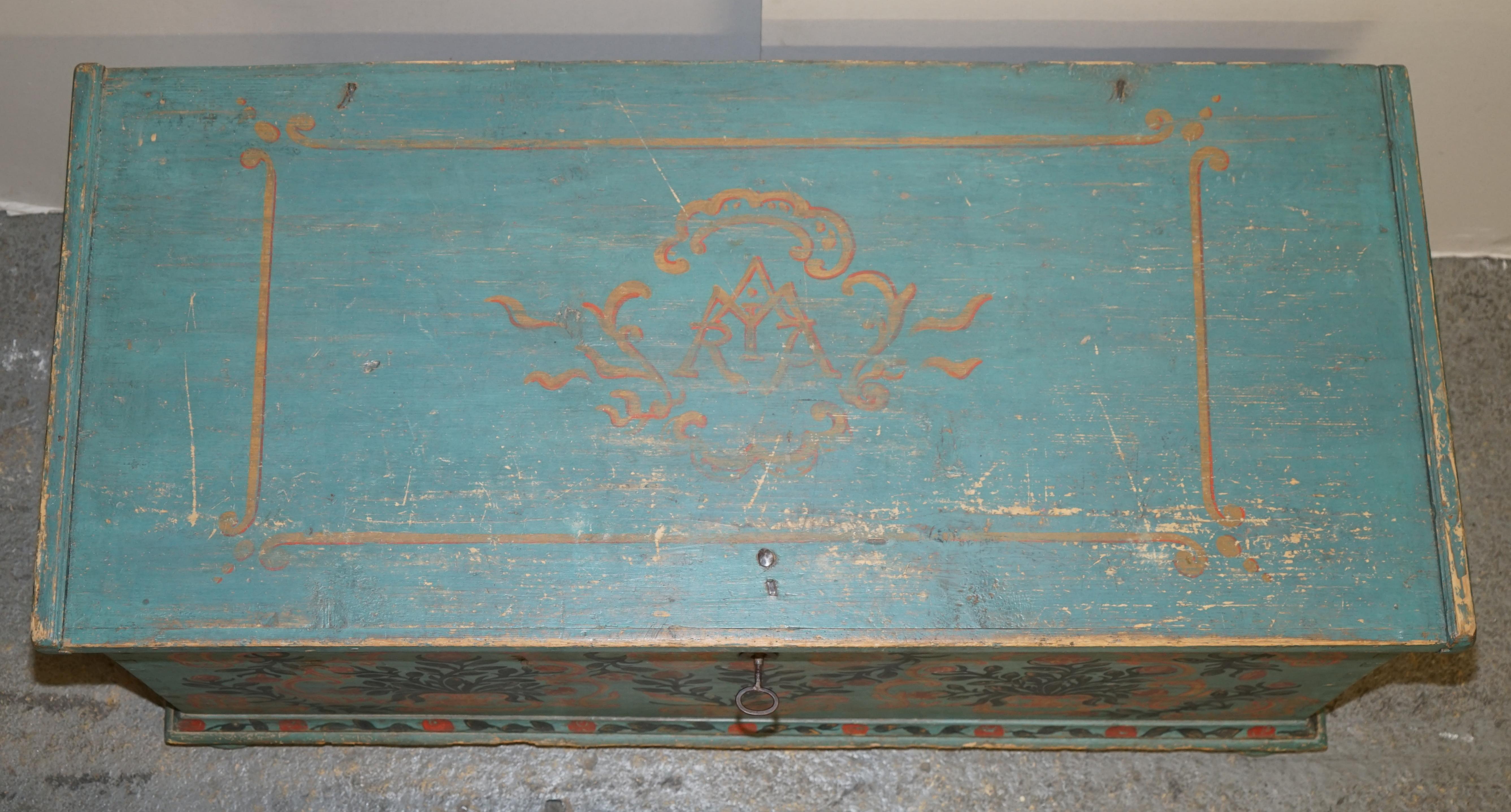 Pine 1802 Dated Huge Antique Original Paint European Blanket Chest Coffer Trunk For Sale