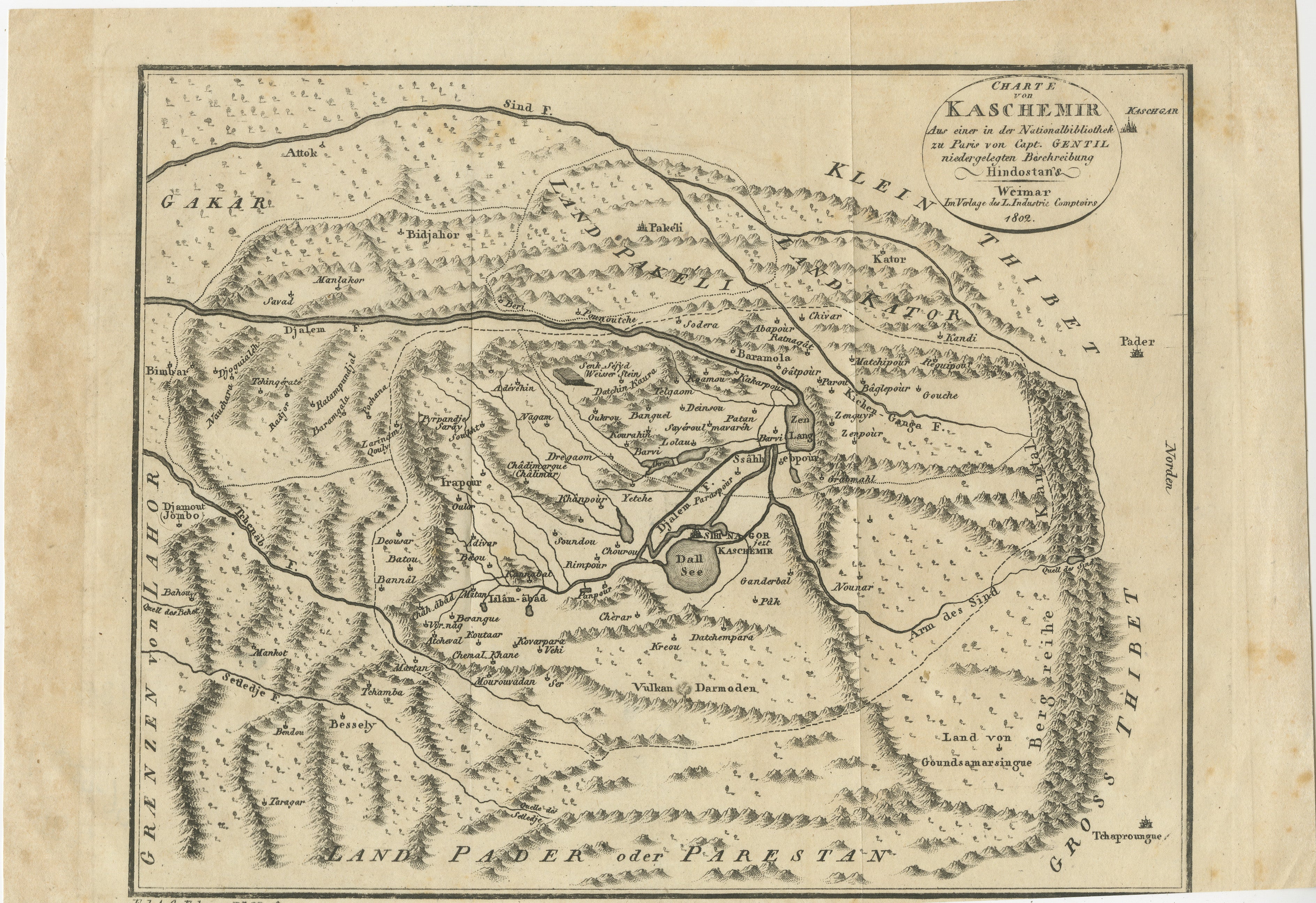 Titel:  1802 Deutsche Karte von Kaschmir und den umliegenden Gebieten von Weimar, basierend auf Gentil  

Beschreibung:  Diese seltene und fein detaillierte antike Karte mit dem Titel Charte von Kaschemir wurde 1802 in Weimar veröffentlicht und