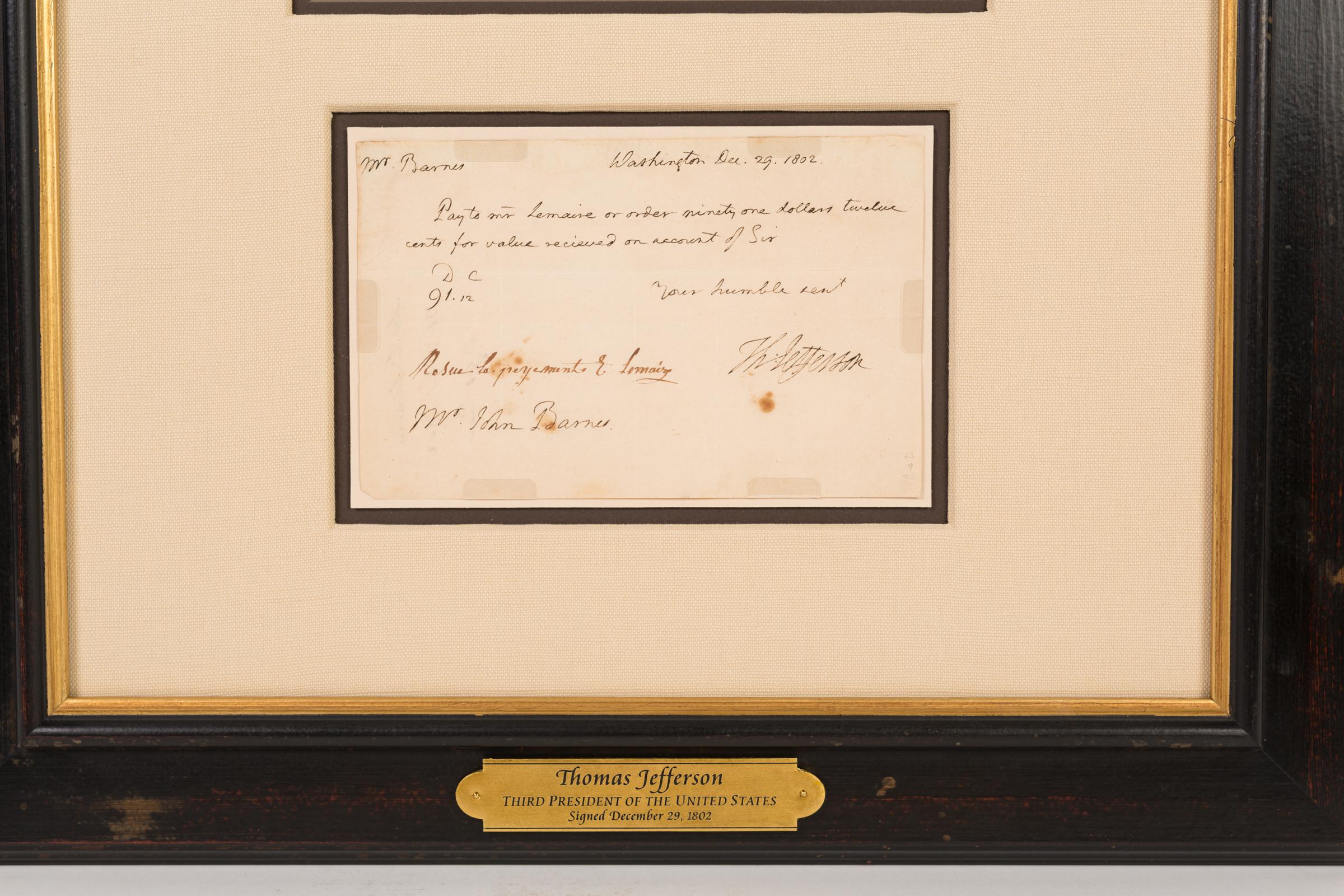 This rare signed document collage celebrates one of the most influential writers, politicians, and American Revolutionary figures, Thomas Jefferson. The one-of-a-kind collage pairs an original Thomas Jefferson autographed document, signed by Thomas