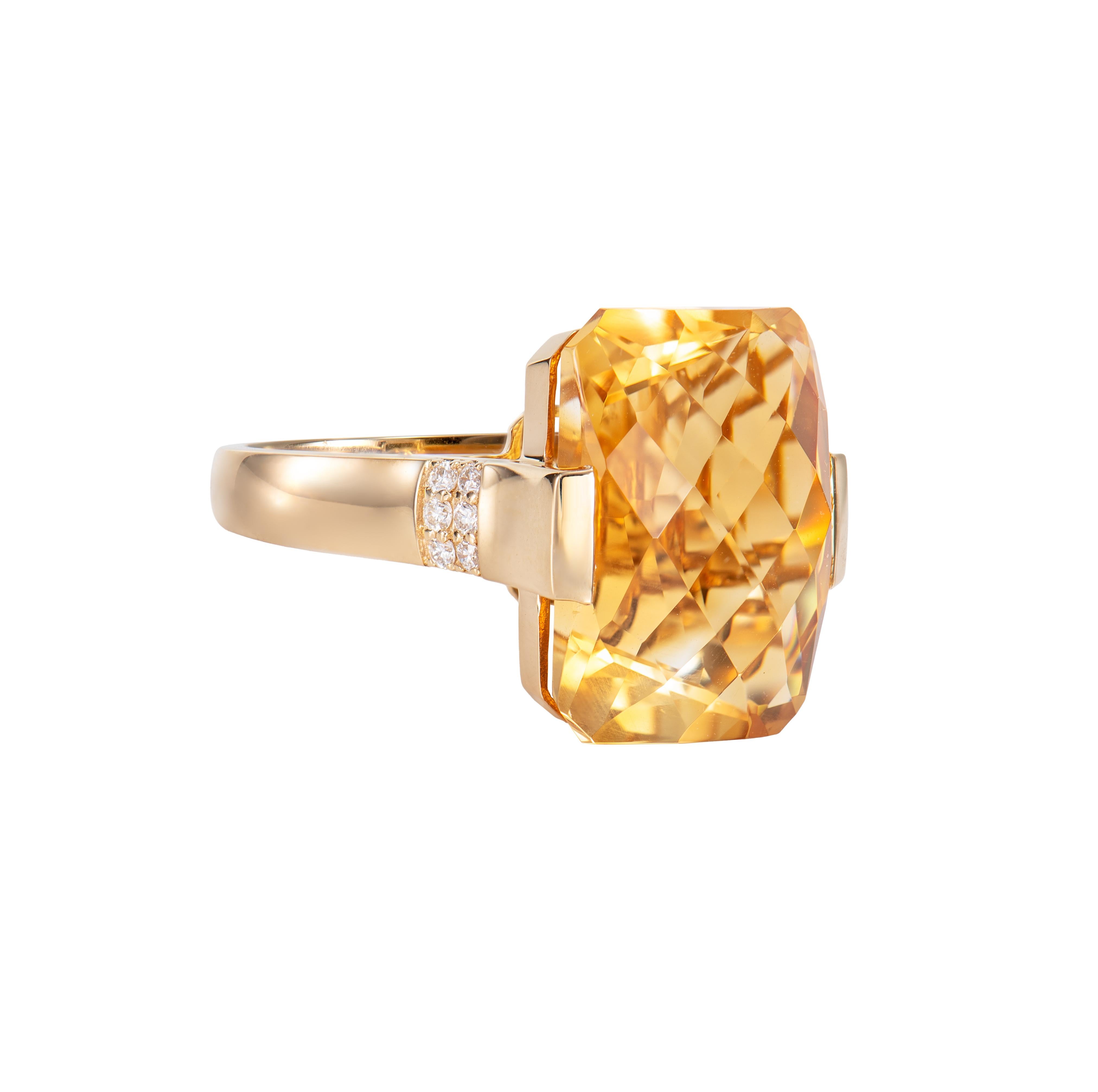 It is fancy Citrine Ring in an Octagon shape with yellow hue. The Ring is elegant and can be worn for many occasions. 

Citrine Fancy Ring in 18Karat Yellow Gold with White Diamond.

Citrine: 18.03 carat, 18X13mm size, Octagon shape.
White Diamond: