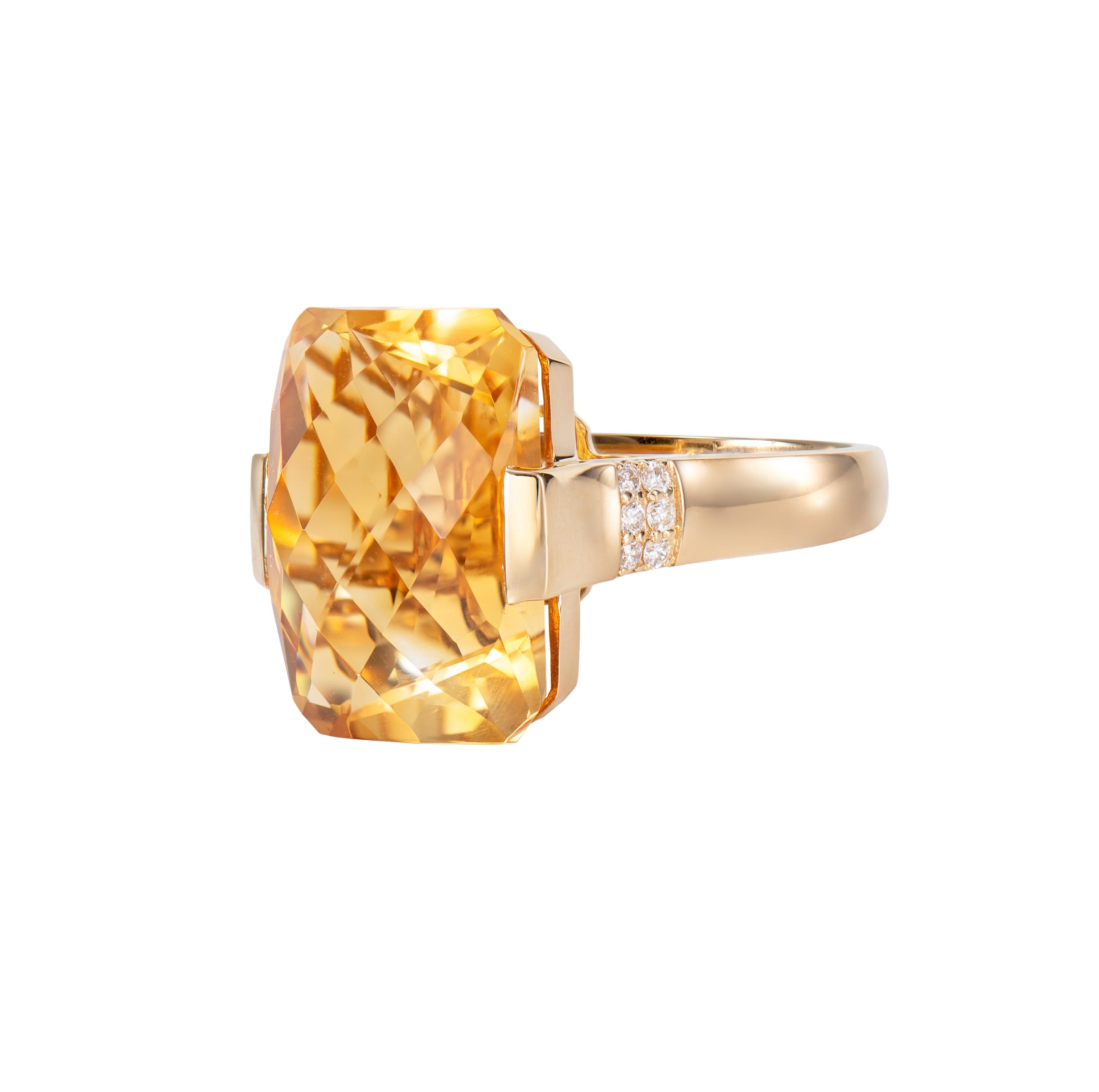 Octagon Cut 18.03 Carat Citrine Fancy Ring in 18Karat Yellow Gold with White Diamond For Sale