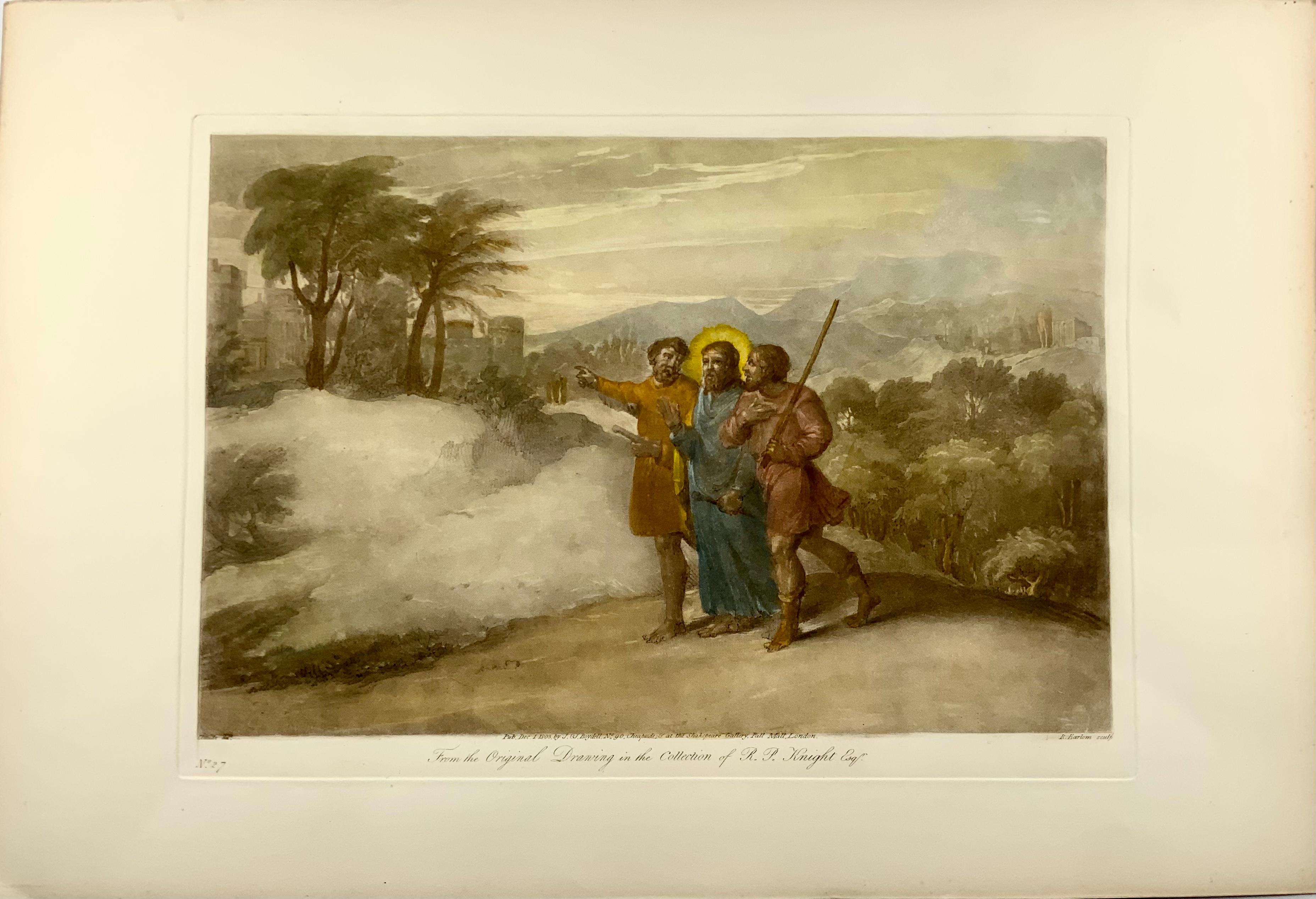 Christ and His Disciples Going to Emmaus

Etching with mezzotint by Richard Earlom. Later hand color.

After the original designs of Claude le Lorrain by Richard Earlom, May 14 1743-October 1822, who was an English printmaker and draftsman, best