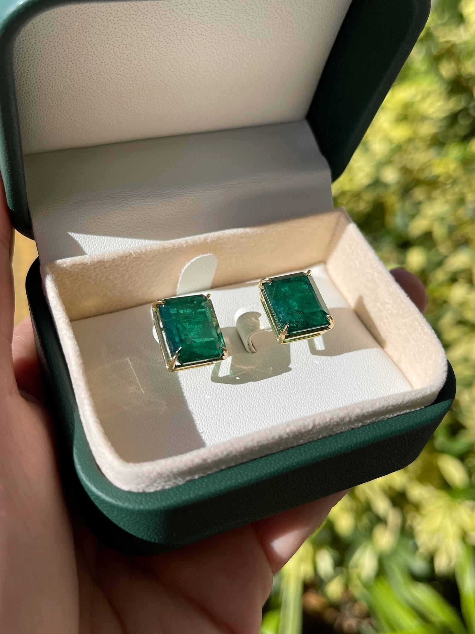 Modern 18.04tcw Rich Dark Green Zambian Emerald Large Full Coverage Stud Earrings 18K For Sale