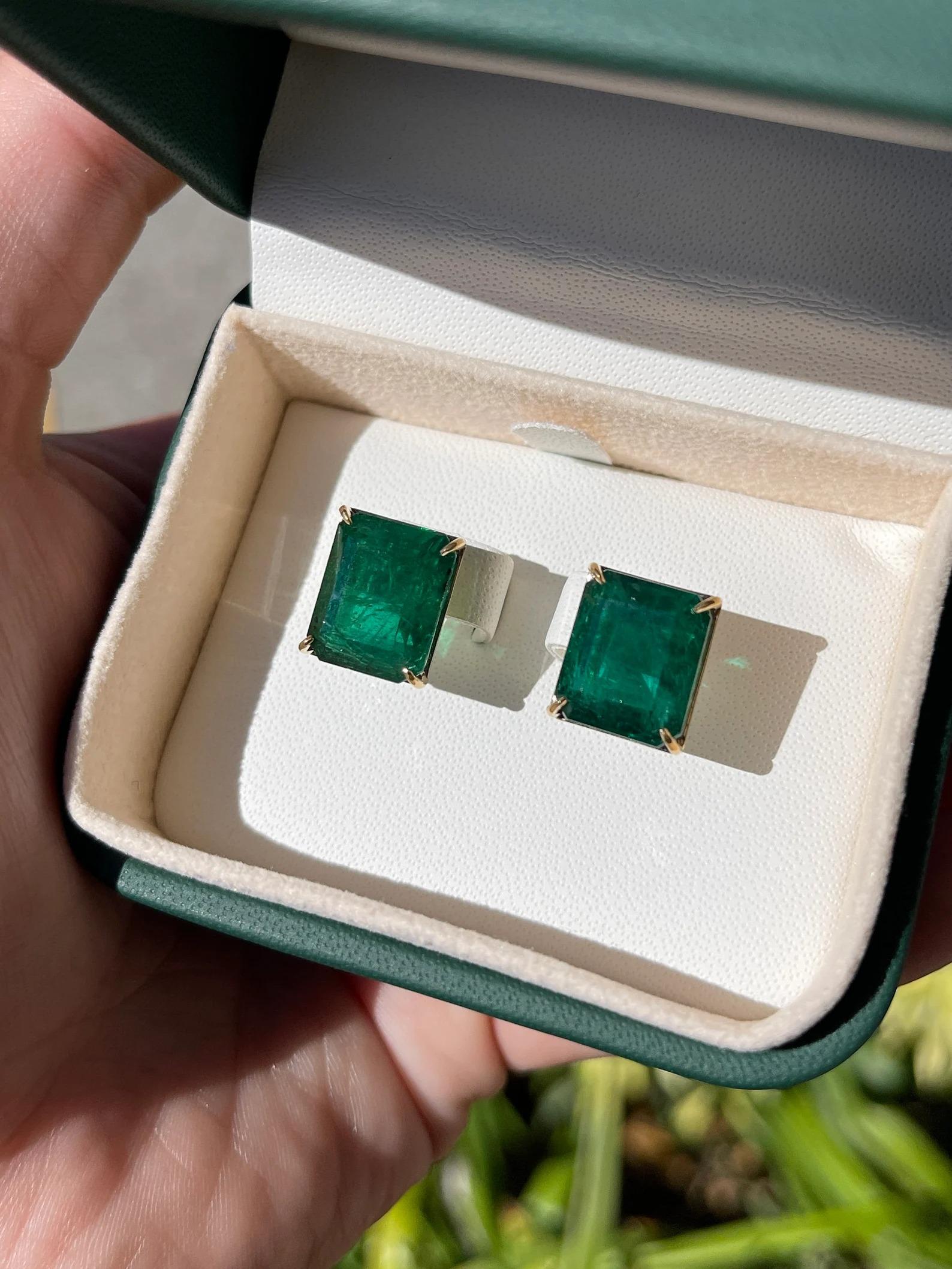 Emerald Cut 18.04tcw Rich Dark Green Zambian Emerald Large Full Coverage Stud Earrings 18K For Sale