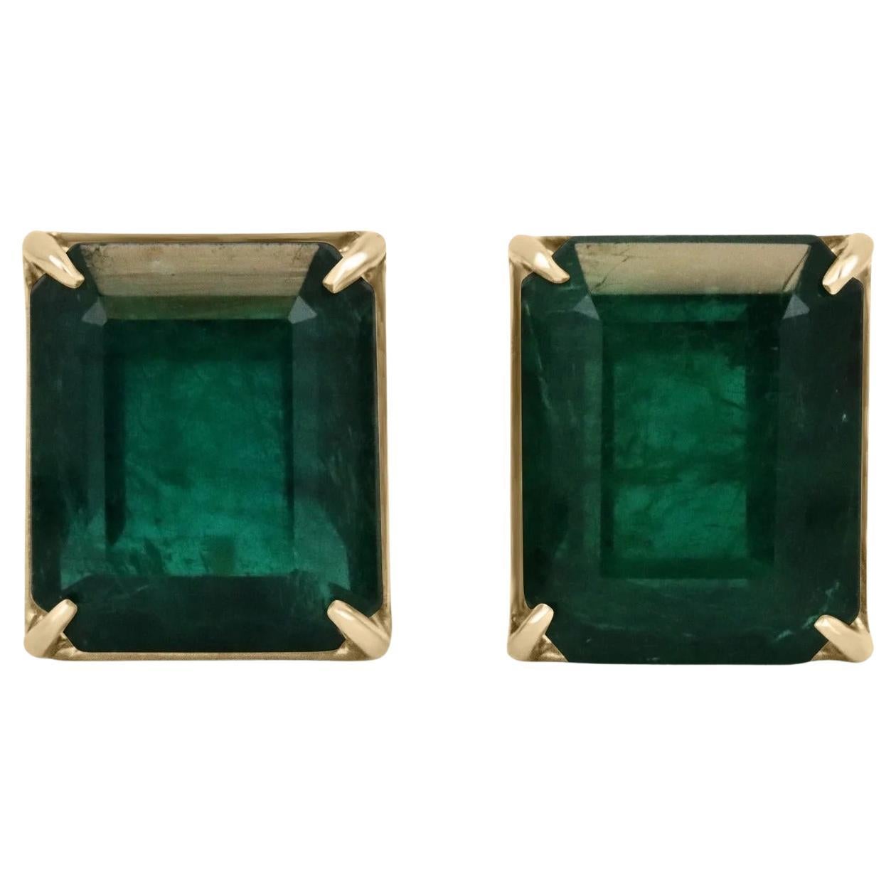 18.04tcw Rich Dark Green Zambian Emerald Large Full Coverage Stud Earrings 18K For Sale