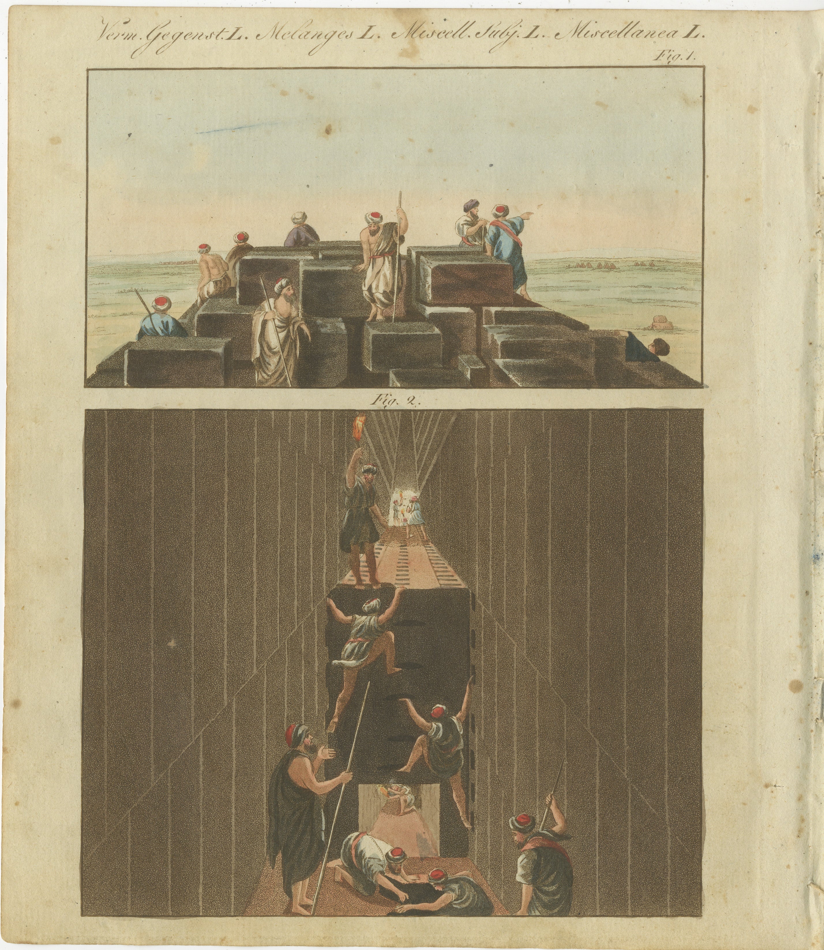 Titel: 1805 handkolorierter Kupferstich des antiken Pyramidenbaus aus dem Werk von Bertuch  

Beschreibung: Dieser bemerkenswerte handkolorierte Stich stammt aus Friedrich Justine Bertuchs *Porte-Feuille des Enfants* (Kindermappe) aus dem Jahr 1805.