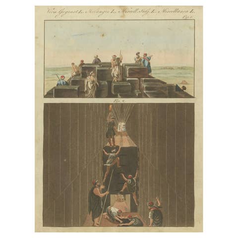 1805 Hand-Colored Engraving of Ancient Pyramid Construction from Bertuch’s Work