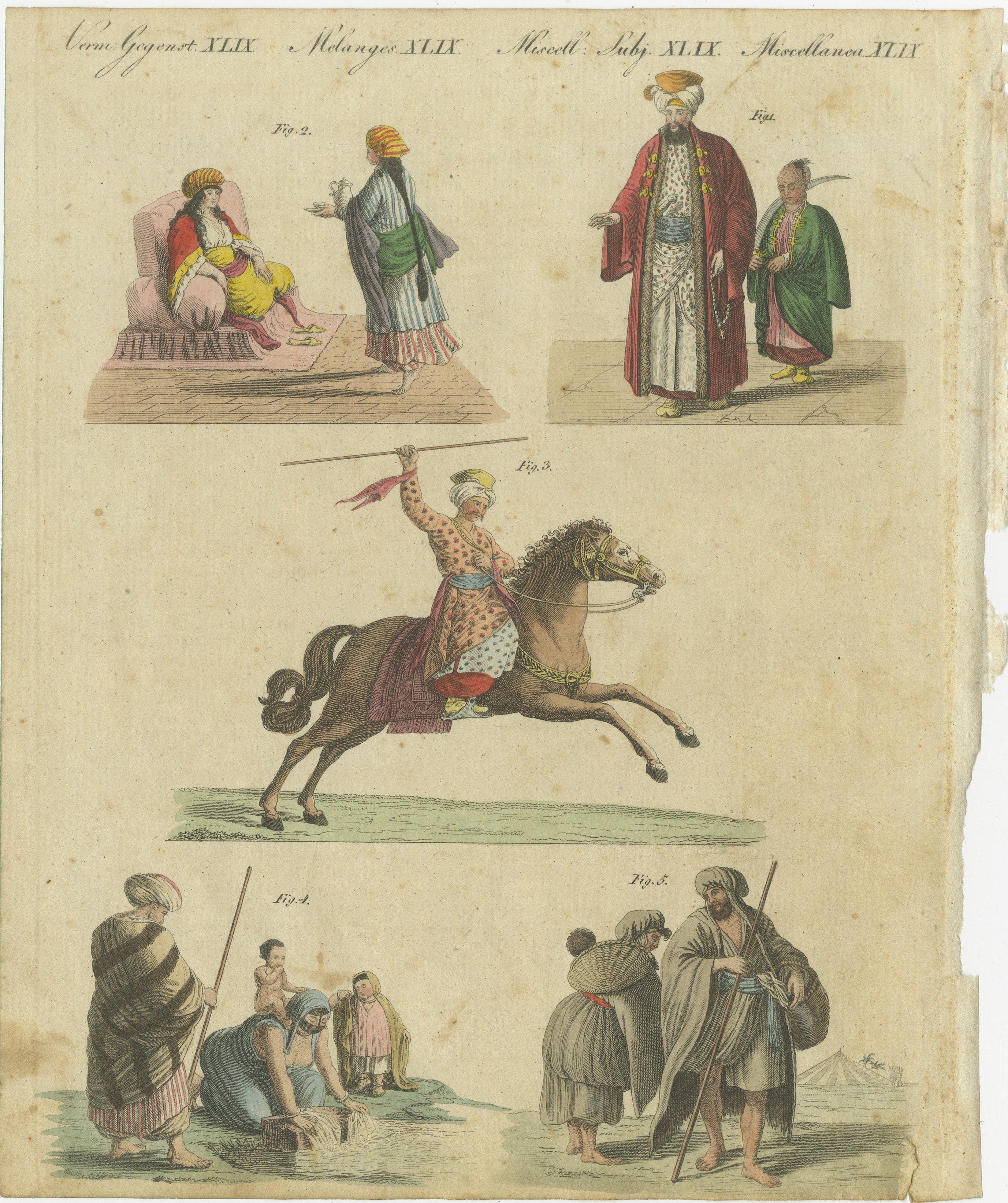 Titolo: Incisione colorata a mano del 1805 di costumi orientali da F.J. Il lavoro di Bertuch  

Descrizione: Questa splendida incisione colorata a mano proviene dalla *Porte-Feuille des Enfants* (Portafoglio dei bambini) di Friedrich Justin Bertuch,