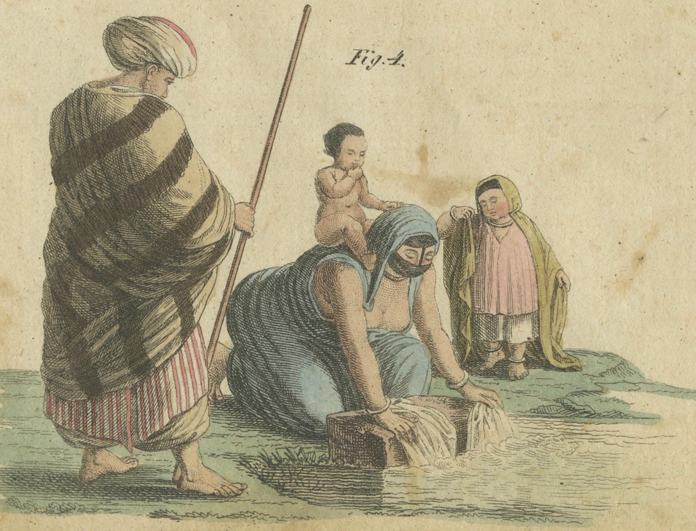1805 Incisione colorata a mano di costumi orientali da F.J. Il lavoro di Bertuch In condizioni buone in vendita a Langweer, NL