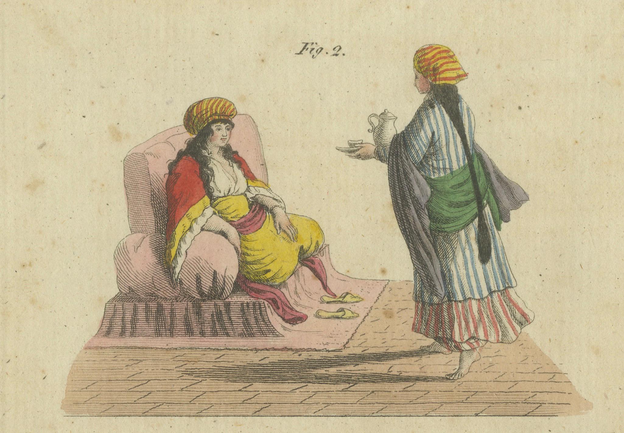 Carta 1805 Incisione colorata a mano di costumi orientali da F.J. Il lavoro di Bertuch in vendita