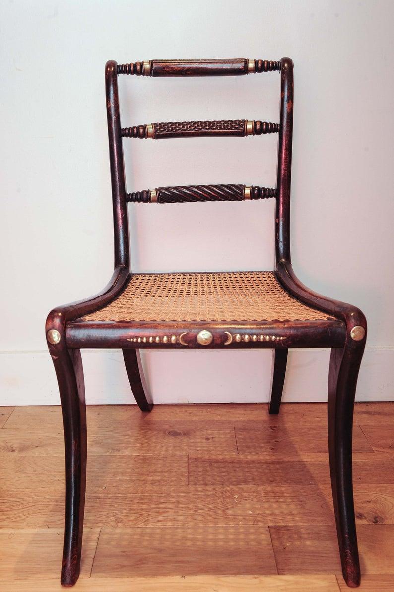 British Colonial 1805 Nelson Trafalgar Chair a Triple Rope-Back Cane Brass Collars on Sabred Legs For Sale