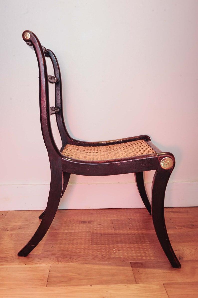 English 1805 Nelson Trafalgar Chair a Triple Rope-Back Cane Brass Collars on Sabred Legs For Sale
