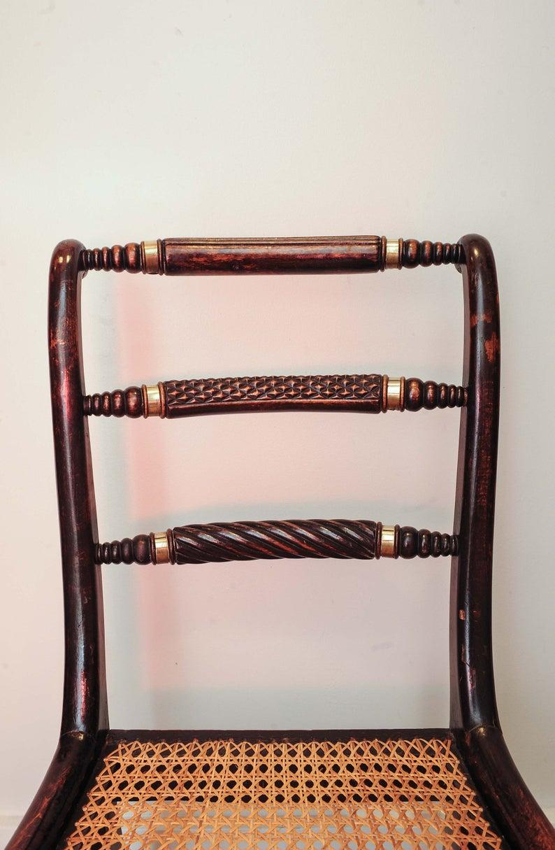 Ebonized 1805 Nelson Trafalgar Chair a Triple Rope-Back Cane Brass Collars on Sabred Legs For Sale