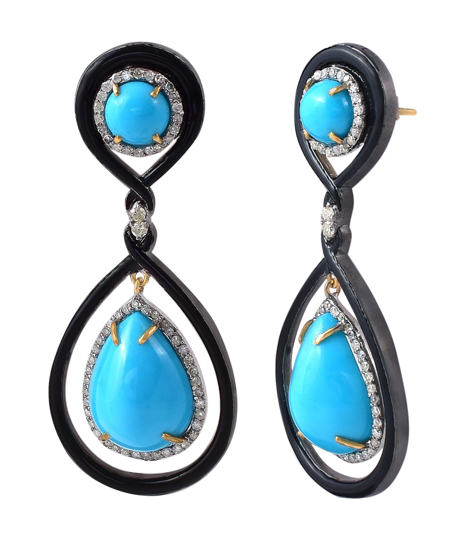 18.06 Carat Turquoise and Diamond Dangle Earrings in Contemporary Victorian Style

Details of the piece:
Gross Weight: 12.97 grams 
Diamond: 0.96 carats
Turquoise: 17.10 carats

Note:
The size of the earrings can be changed.
This piece can be