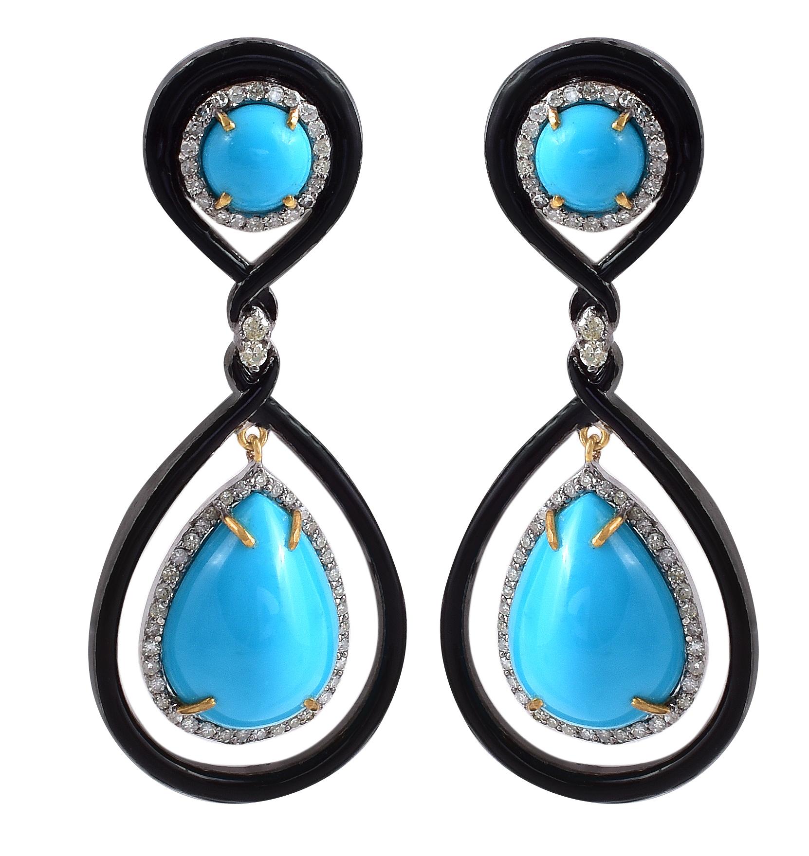 18.06 Carat Turquoise and Diamond Dangle Earrings Contemporary Victorian Style In New Condition For Sale In Jaipur, IN