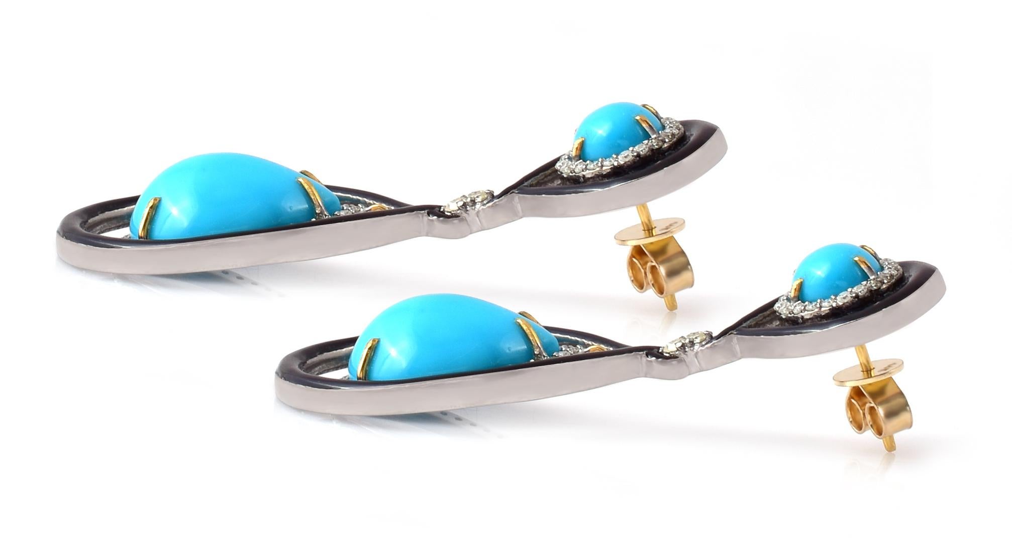 Women's 18.06 Carat Turquoise and Diamond Dangle Earrings Contemporary Victorian Style For Sale