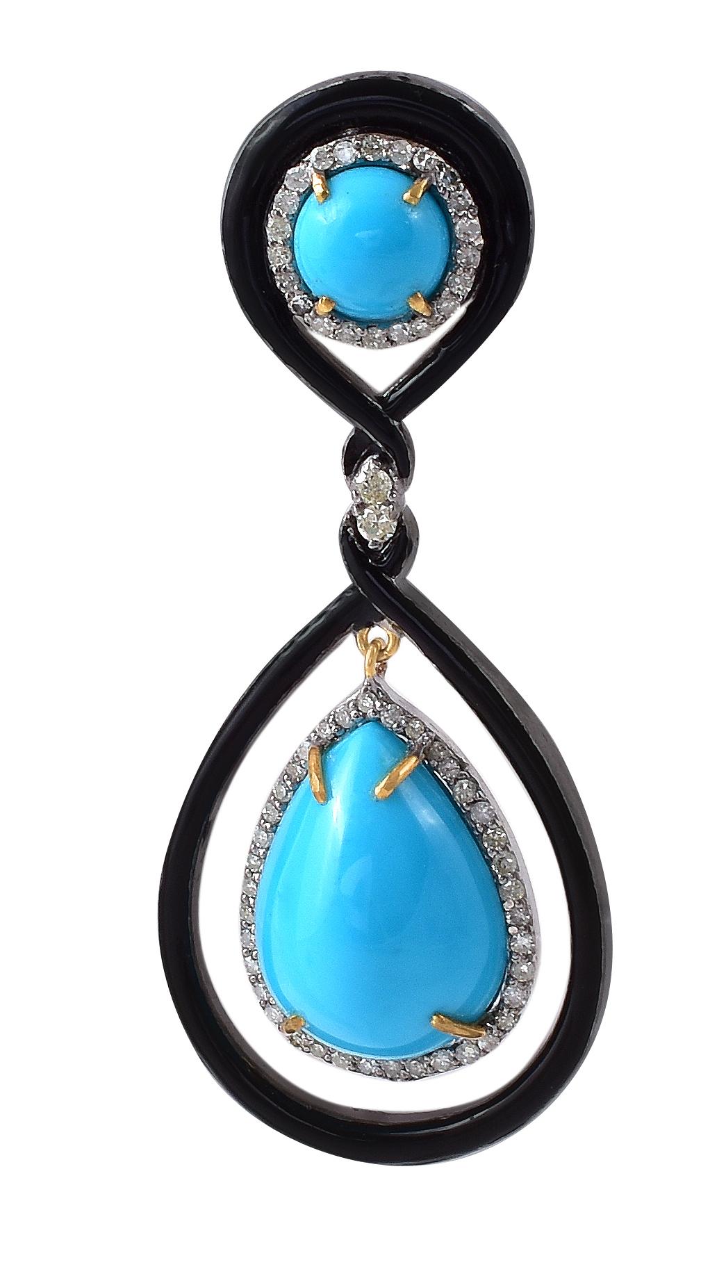 18.06 Carat Turquoise and Diamond Dangle Earrings Contemporary Victorian Style For Sale 1