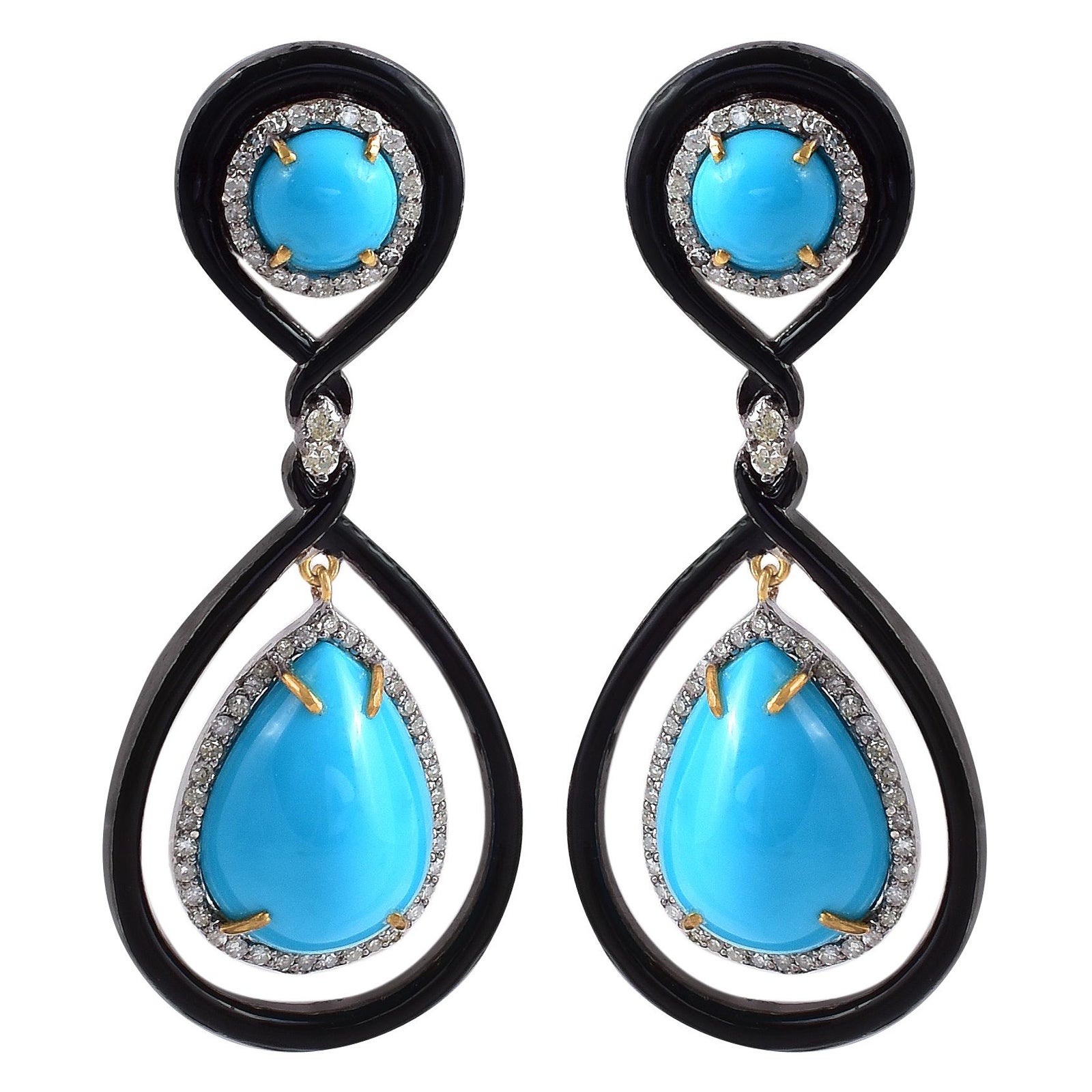 Boucles d'oreilles pendantes en turquoise et diamants de 18,06 carats de style victorien contemporain