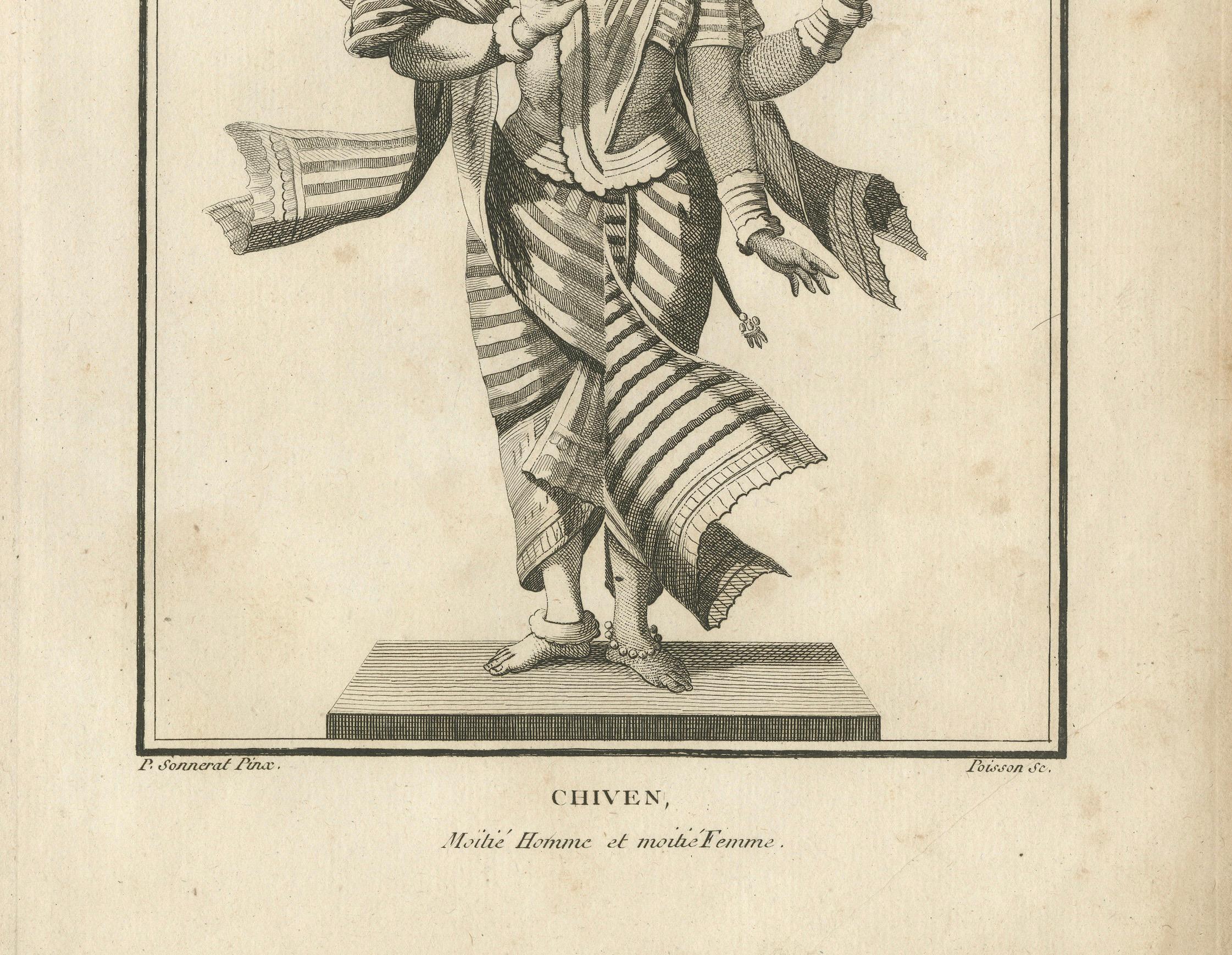 Engraved 1806 Engraving: Chiven as Ardhanarishvara, Divine Union in Hindu Mythology For Sale