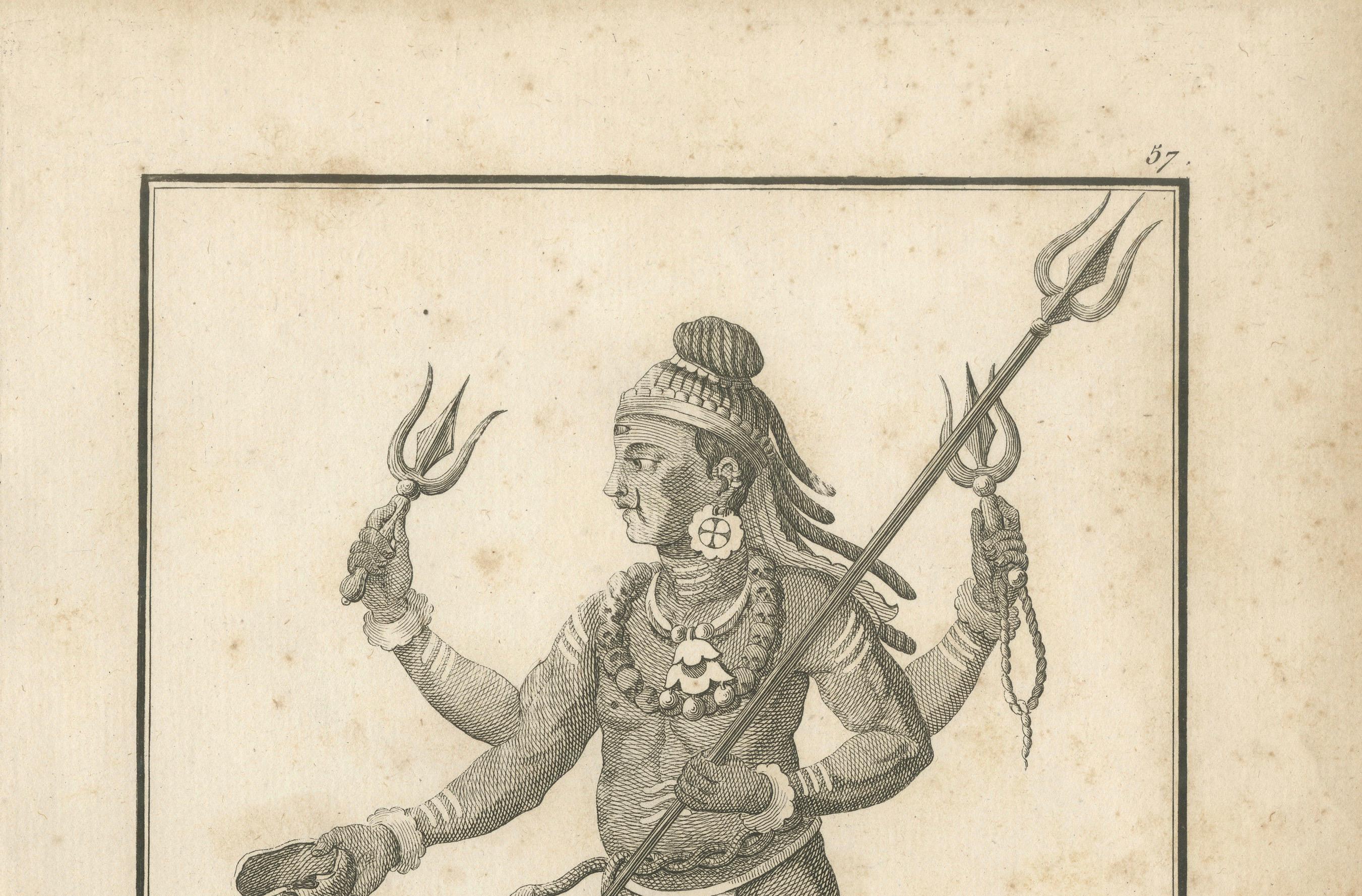 Title: 1806 Engraving: Vaivert, Fierce Form of Shiva in Hindu Mythology

Description: This striking antique print, titled 