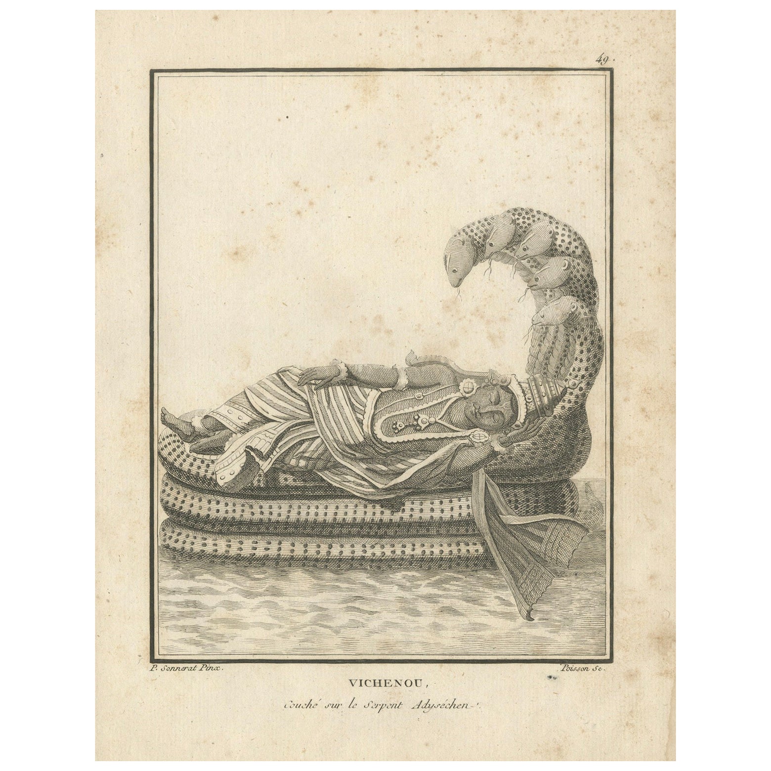 1806 Engraving: Vishnu's Cosmic Repose on Serpent Ananta in Hindu Mythology For Sale