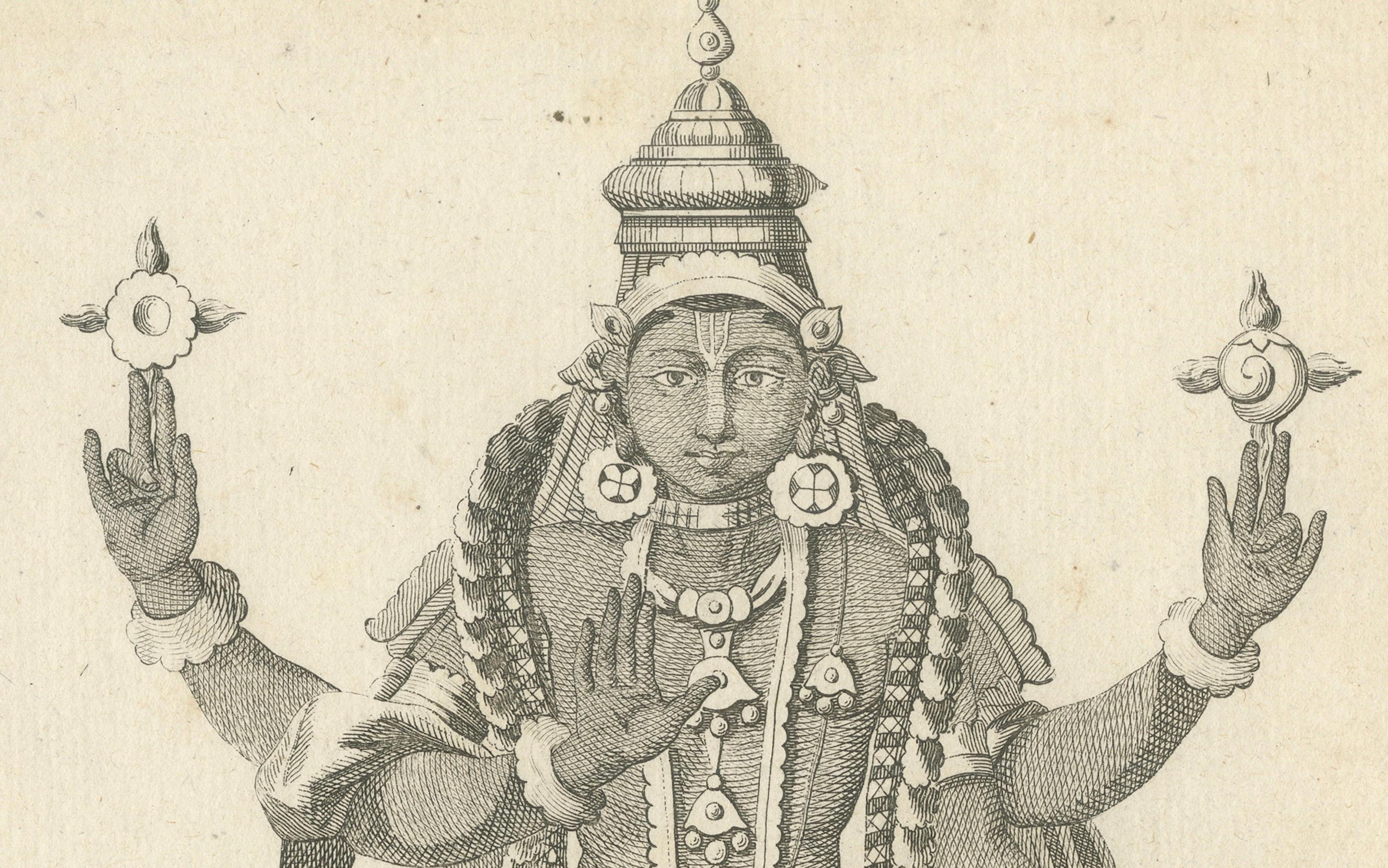 Grabado de 1806: La divina majestad de Visnú en la iconografía hindú en venta 1