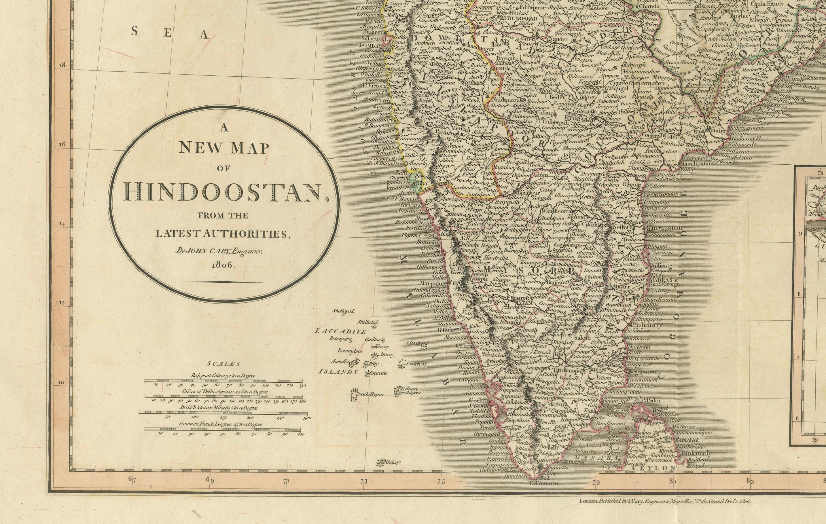 1806 John Cary's Karte von Hindoostan - Detaillierte britische Kartographie von Indien (Graviert) im Angebot