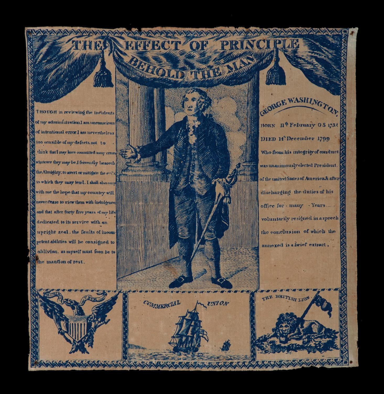 EXTRAORDINARILY EARLY (1806) PRINTED LINEN KERCHIEF GLORIFYING GEORGE WASHINGTON, PRINT WORKS, GERMANTOWN, PENNSYLVANIA 

Printed in blue ink on coarse, white linen, this patriotic kerchief shows a standing portrait of George Washington, above which