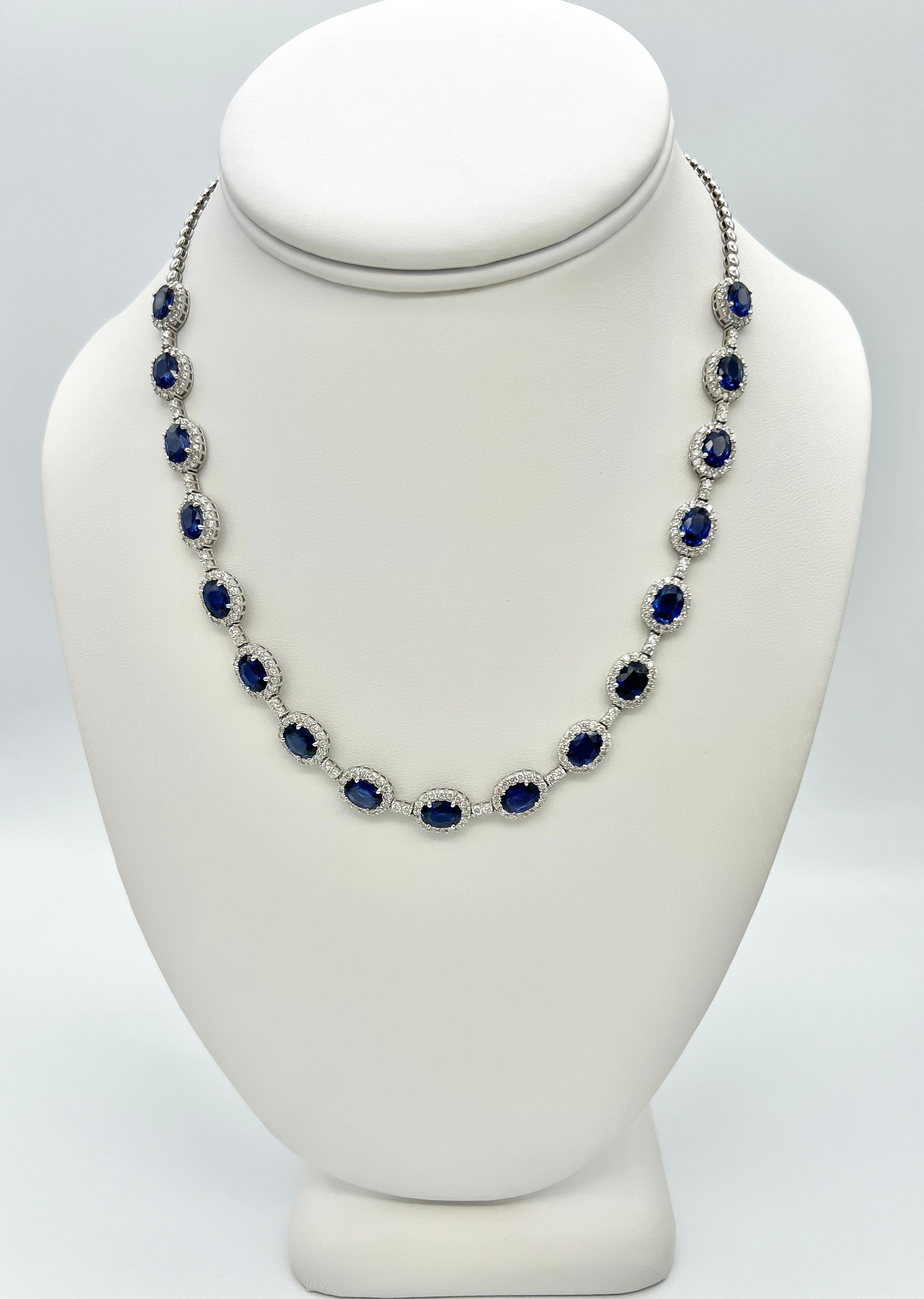 18.06 Total Carat Statement Sapphire and Diamond, White Gold Necklace

Necklace worthy of royalty, designed to dazzle. The bigger sizes of the sapphires has a Victorian look which is smooth and elegant yet sophisticated and regal. Each oval cut