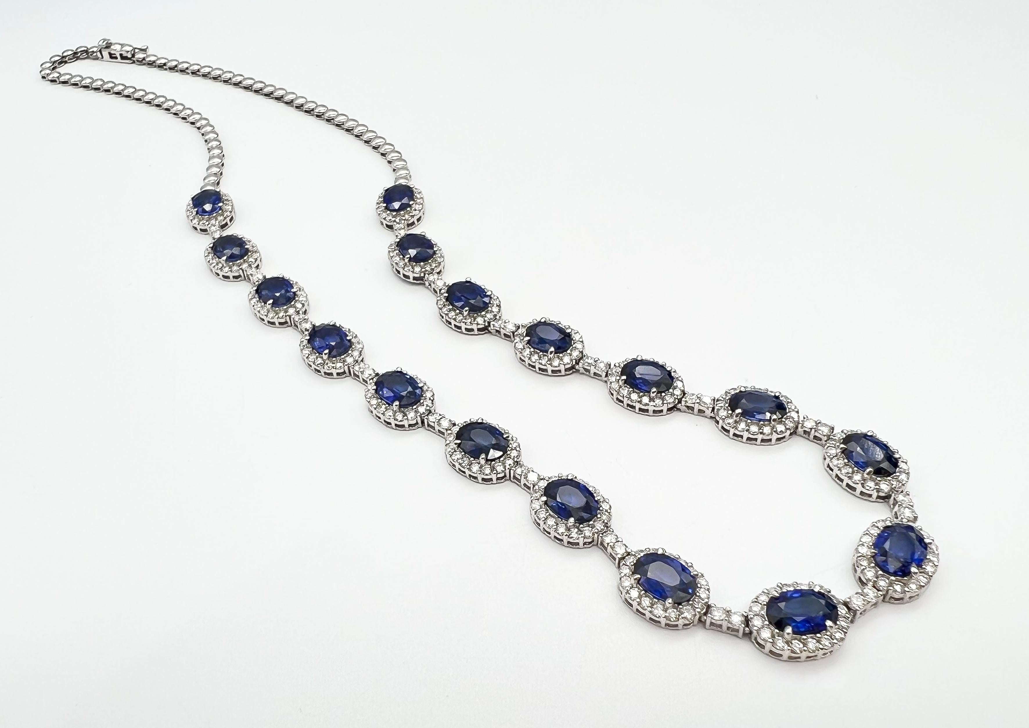 Oval Cut 18.06 Total Carat Statement Sapphire and Diamond, White Gold Necklace For Sale